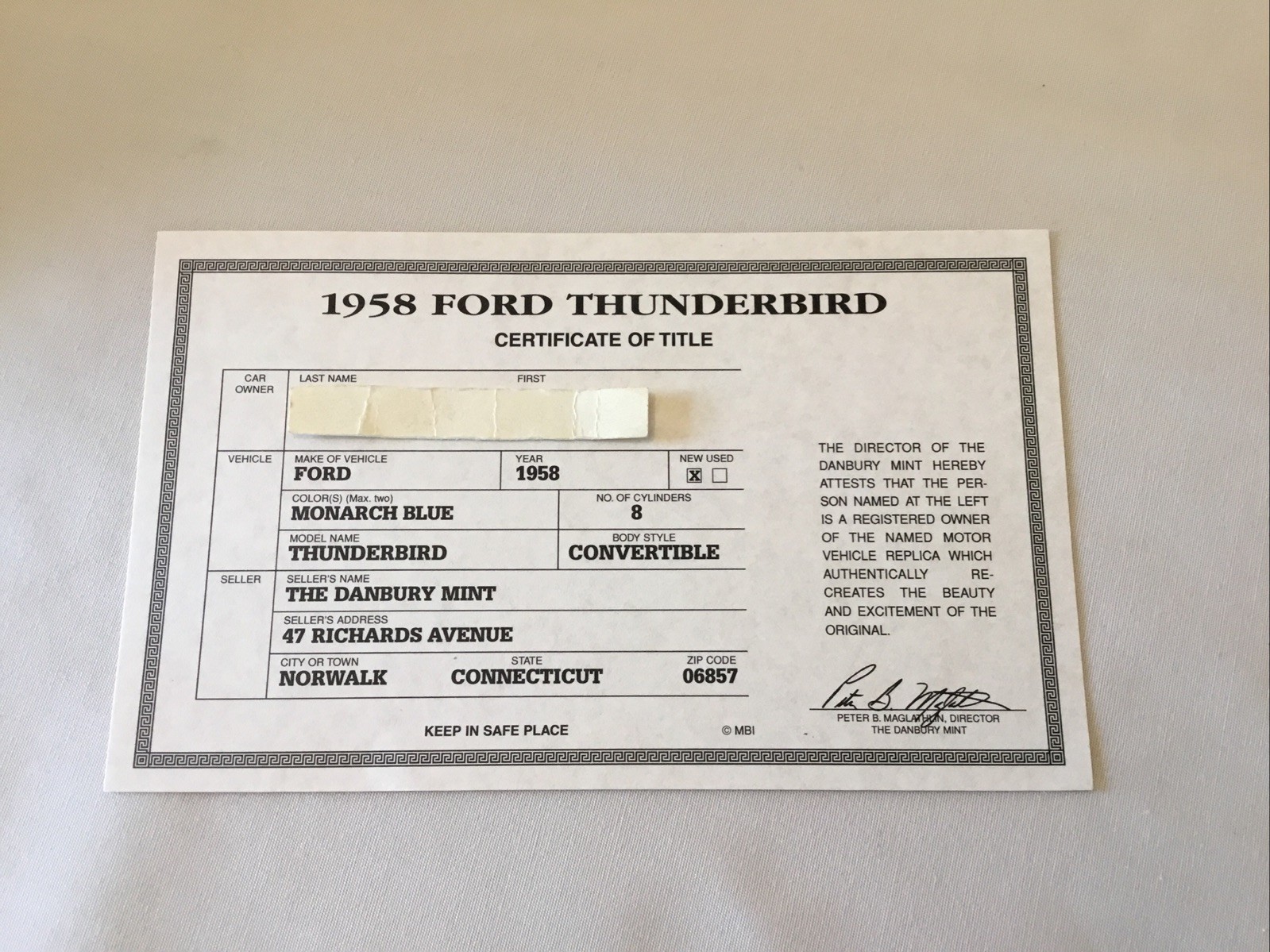 Danbury Mint 1958 Ford Thunderbird Convertible Title Paperwork Only 1:24