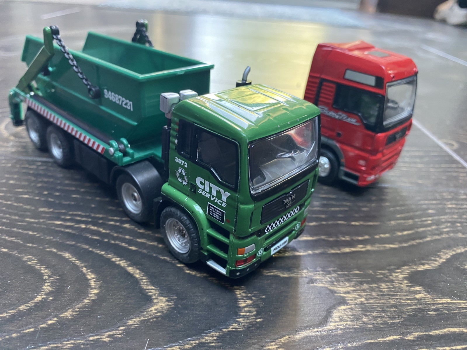 Action City REALTOY City MAN Skip Truck Dumpster & a MAN Racing Team Unit