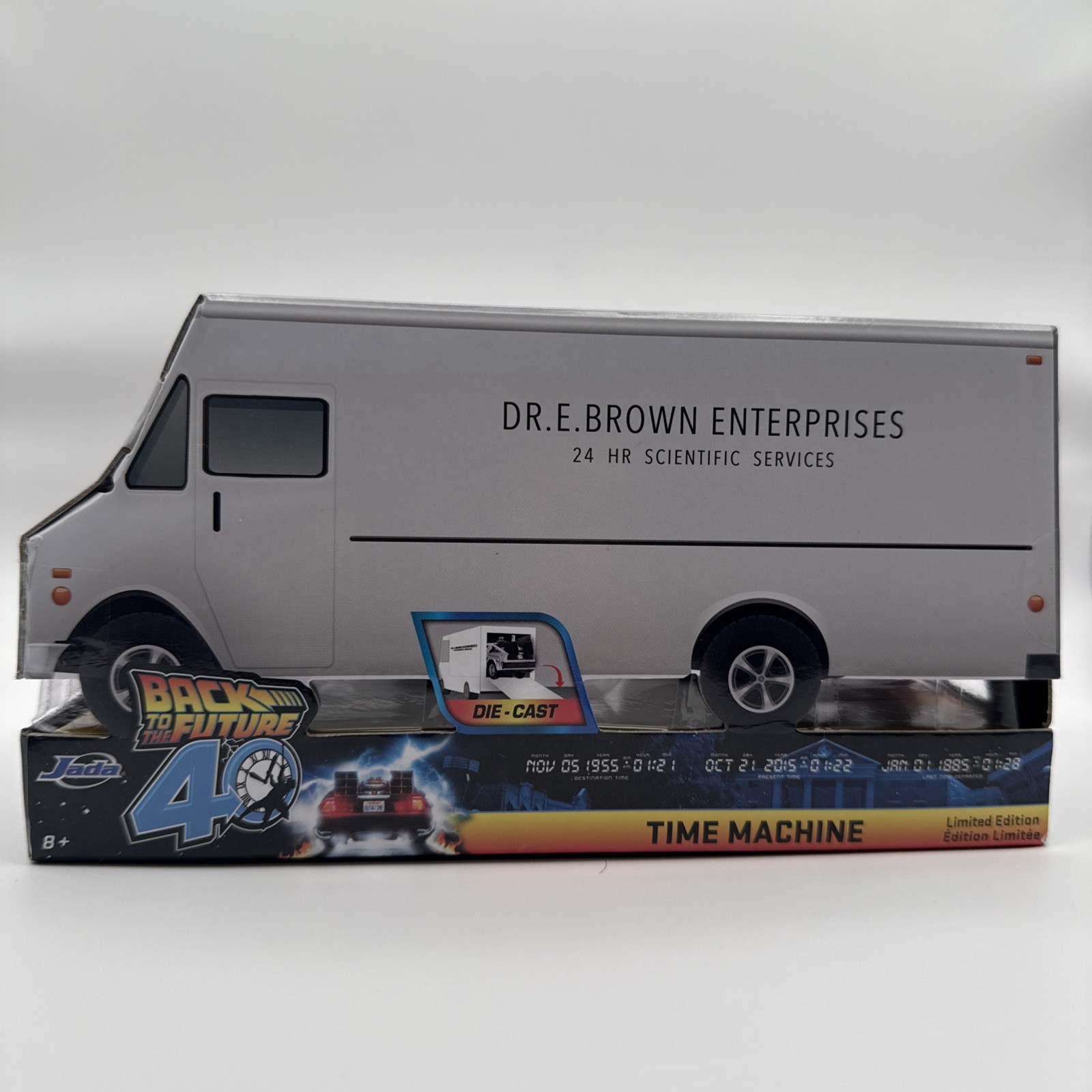 Jada Back to the Future 40th Frost DeLorean 1:32 Doc Brown Van Box