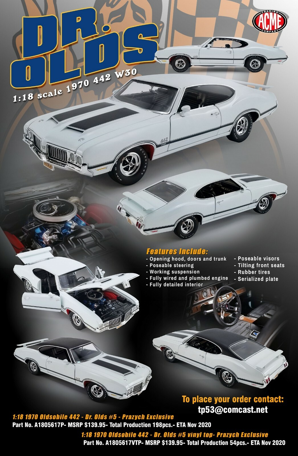 ACME 1:18 1970 OLDSMOBILE 442 W30 DR OLDS #5 -WHITE HT-LIMITED TO 198-best price