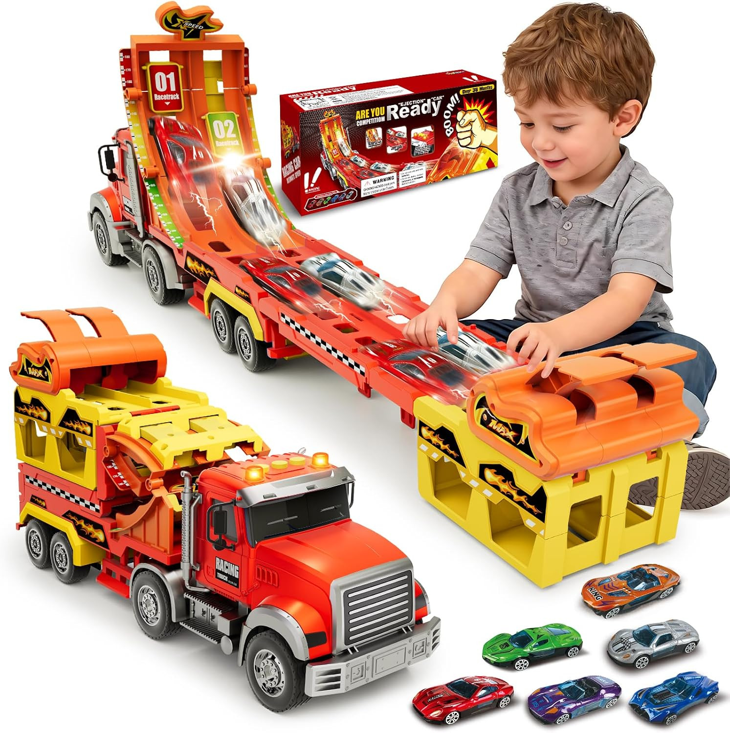 Truck Car Toys for 3, 4, 5, 6, 7, 8 Years Old Kids, Carrier Truck Race Track Toy
