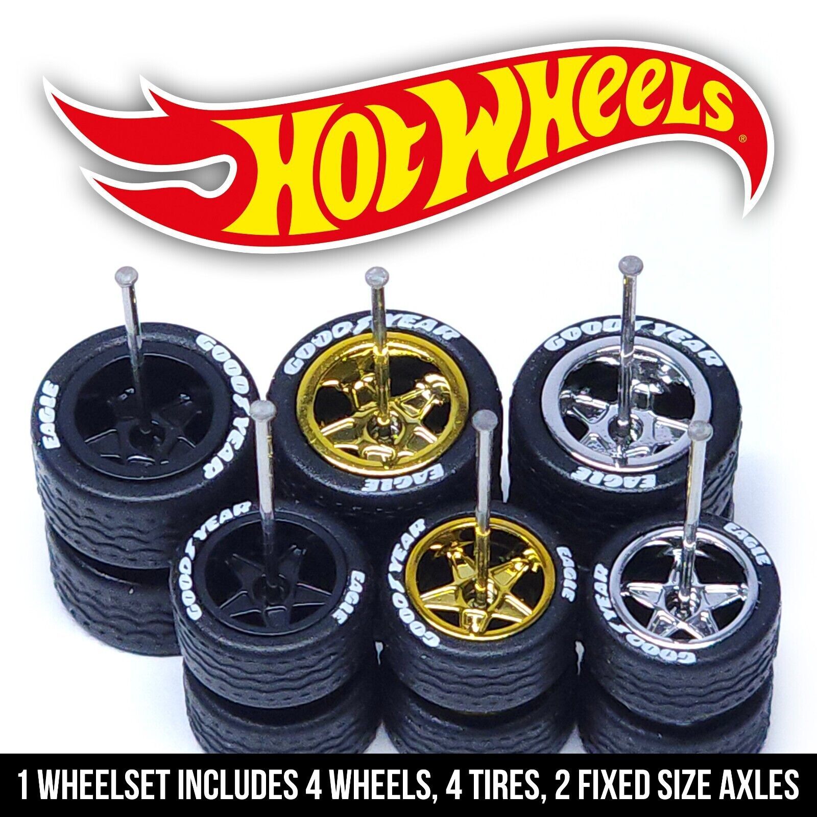 1/64 Scale 5 SPOKE STAR v2 Real Rider Wheels Rims Tires Set Custom Hot Wheel