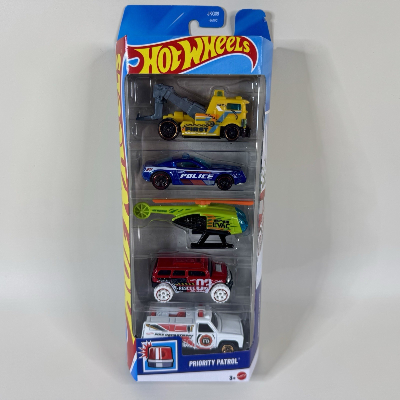 Hot Wheels Priority Patrol 5 Pack Rescue Police Fire Tow Truck Helicopter