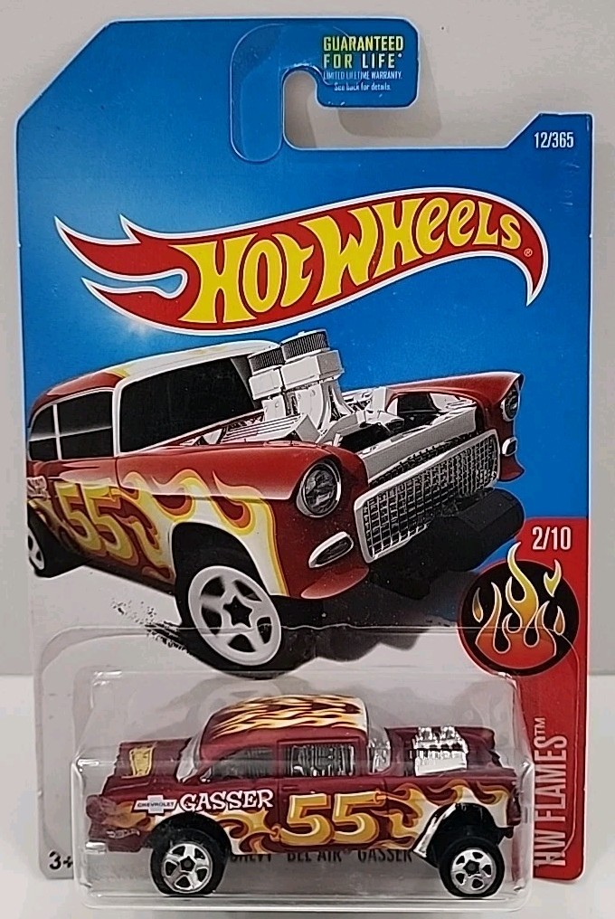 Hot Wheels Lot Of 2 2016 ’55 Chevy Bel Air Gasser HW Flames 1 Red, 1 Blue