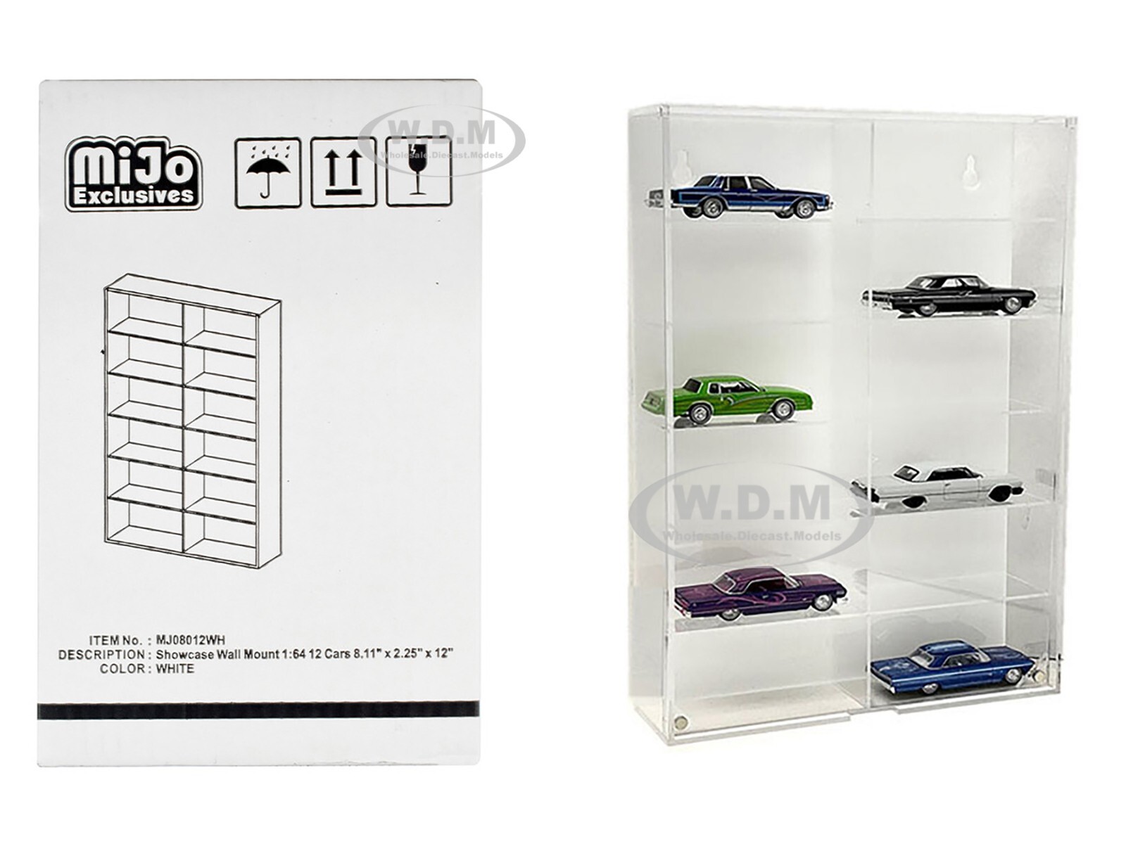 SHOWCASE 12 CAR DISPLAY CASE WALL MOUNT WHITE FOR 1/64 SCALE MODELS MJ08012 WH