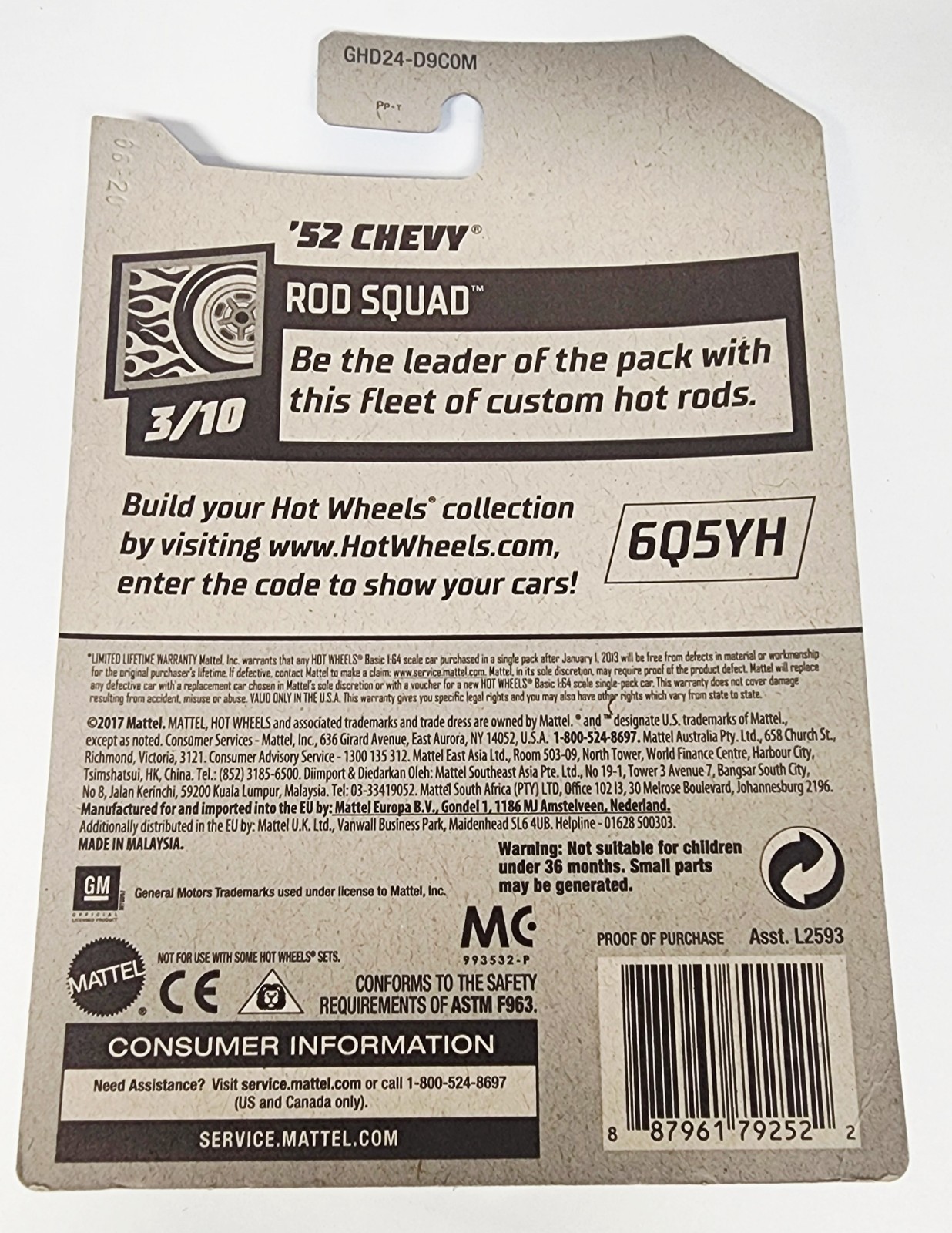Hot Wheels ’52 CHEVY Rod Squad 3/10 Blue 2020 Series Number 201/250 – NEW NIP