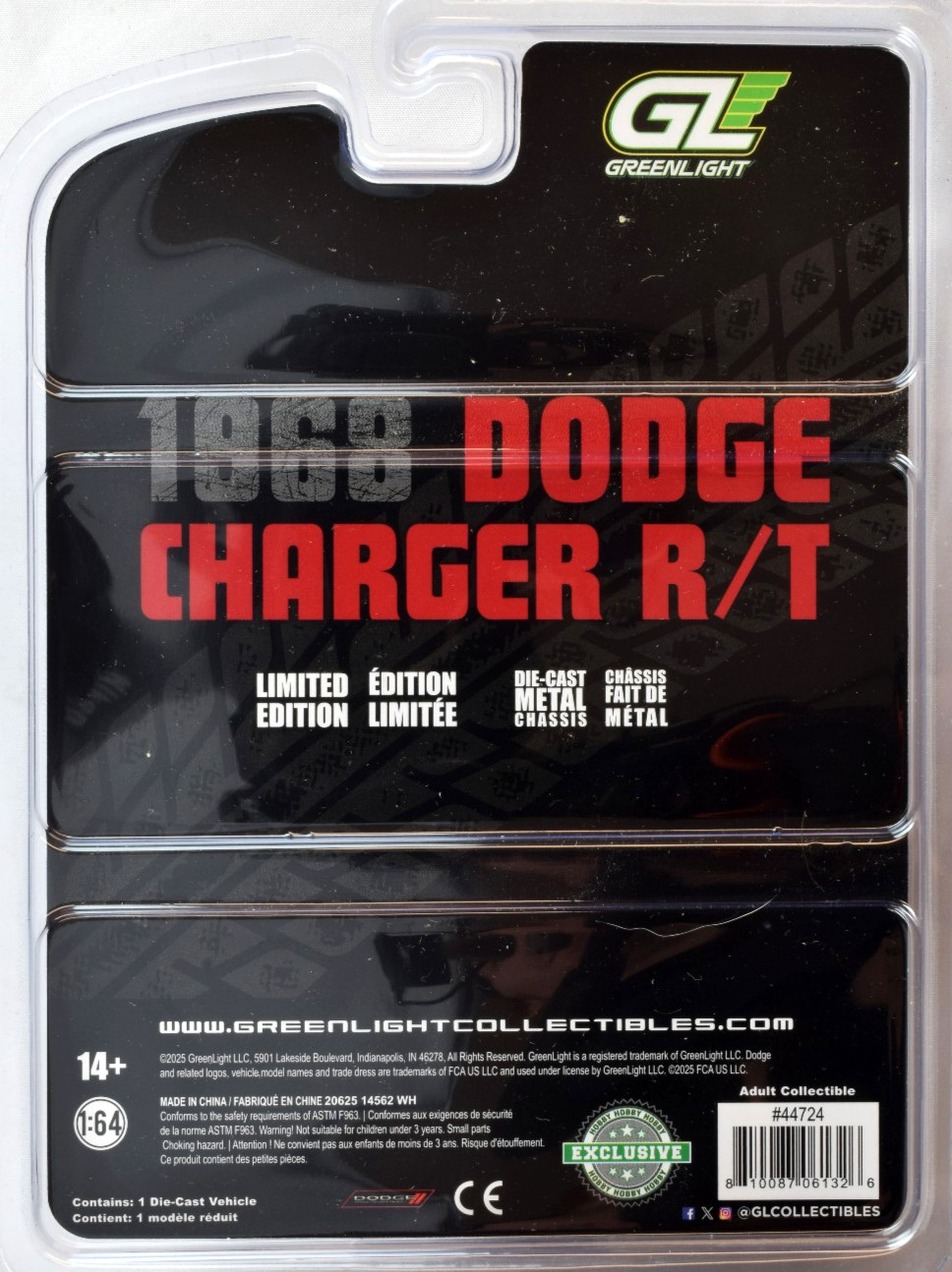 Greenlight Black 1968 Dodge Charger R/T – Hobby Exclusive 1:64 Diecast Car 44724