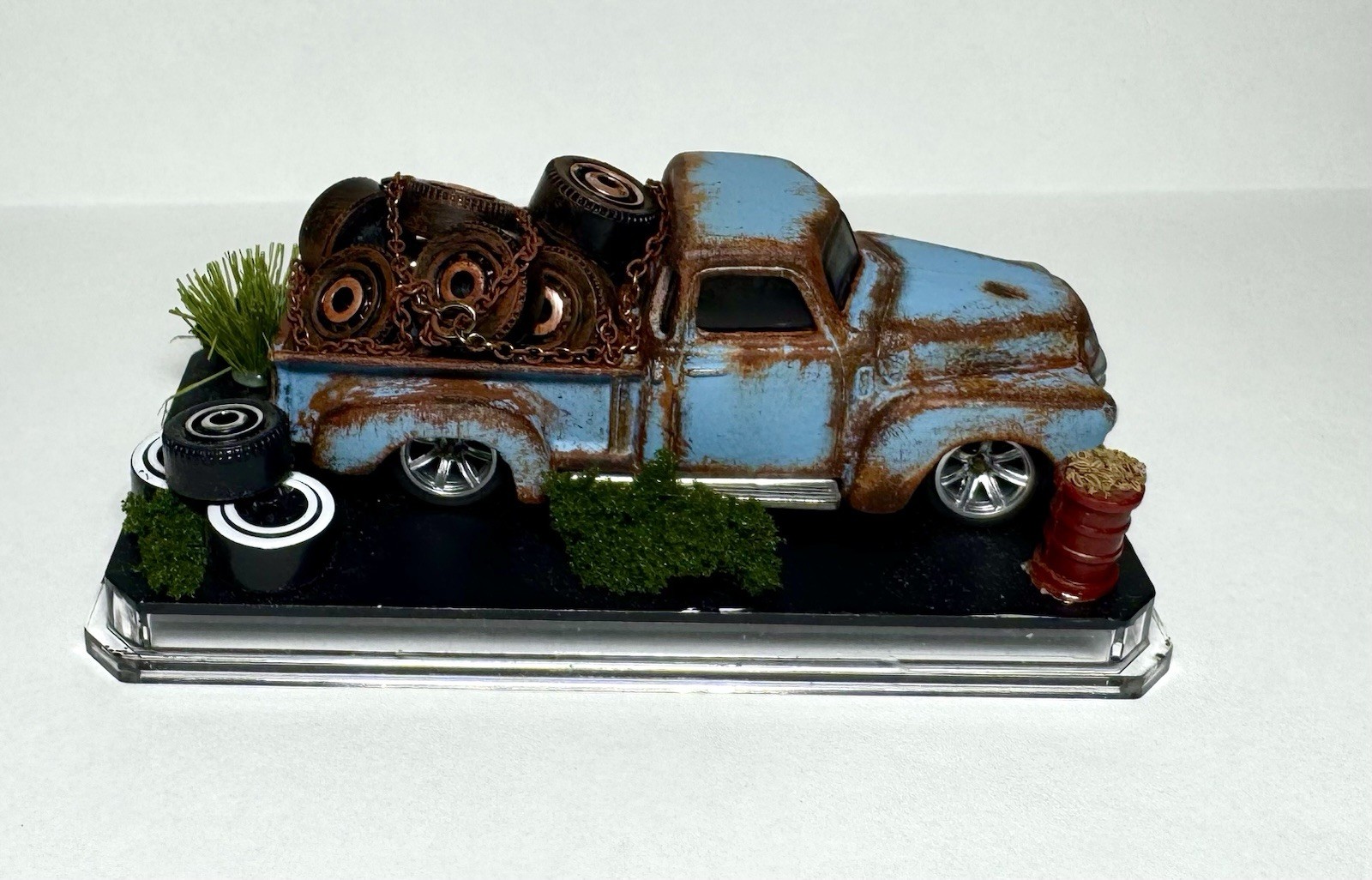 Custom Hot Wheels Blue 1953 Chevy Tire Truck Rat Rod Pickup W/ Real Riders