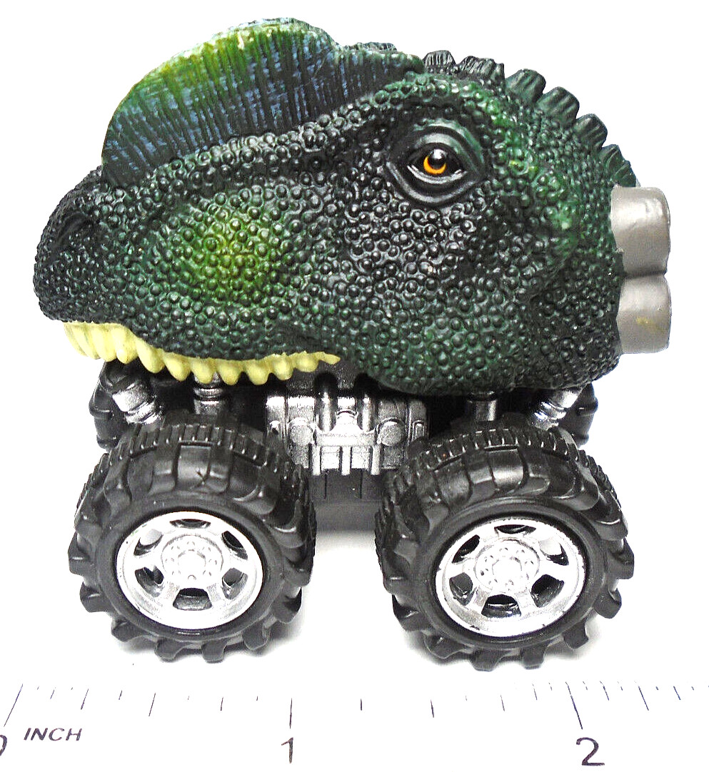 T-REX TYRANNOSAURUS REX DINOSAUR HEAD PUSH & GO GREEN 2 1/2″ PLASTIC TOY CAR