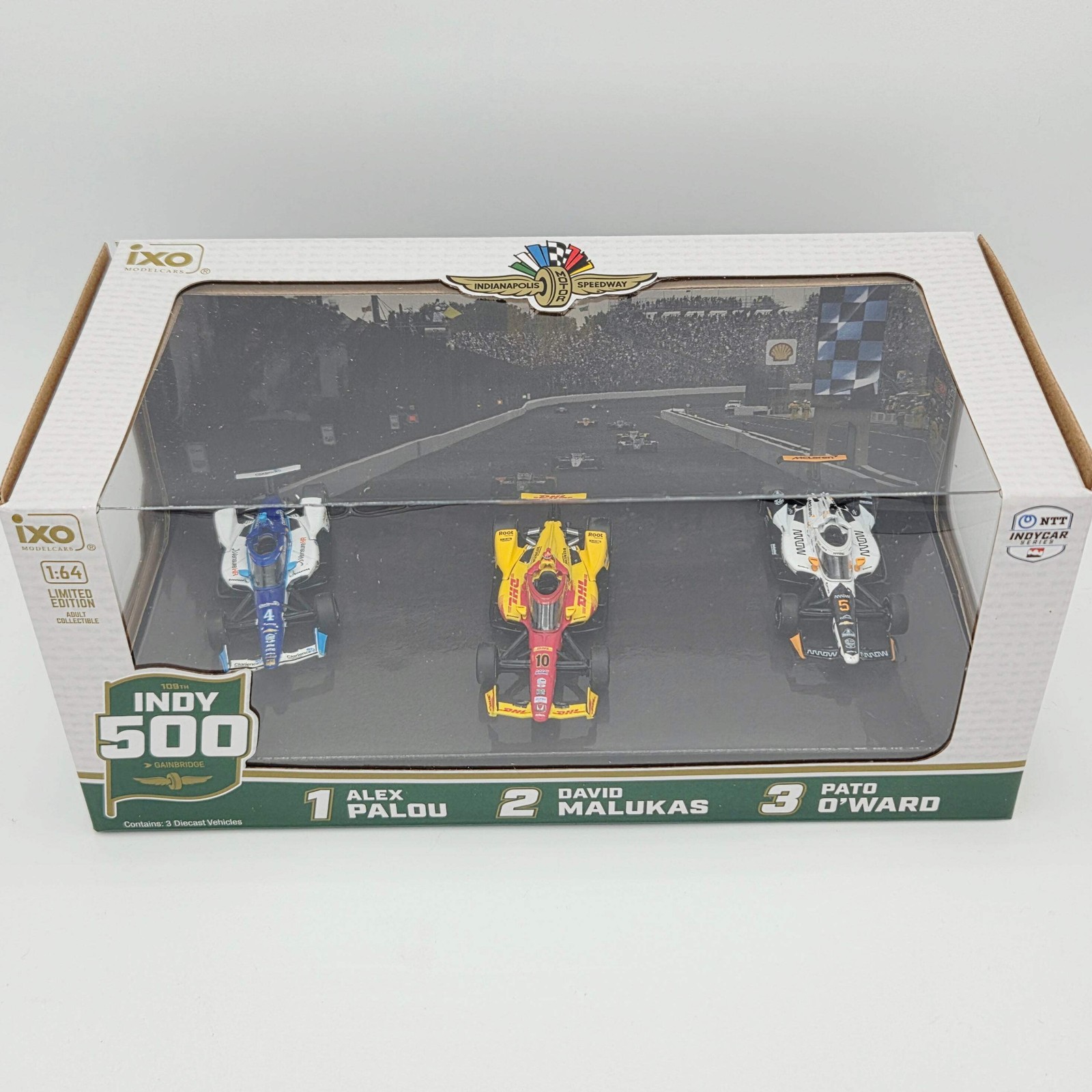 iXO Models – 2025 Indy 500 Victory Row Collector’s Set 1:64 Palou/Malukas/O’Ward