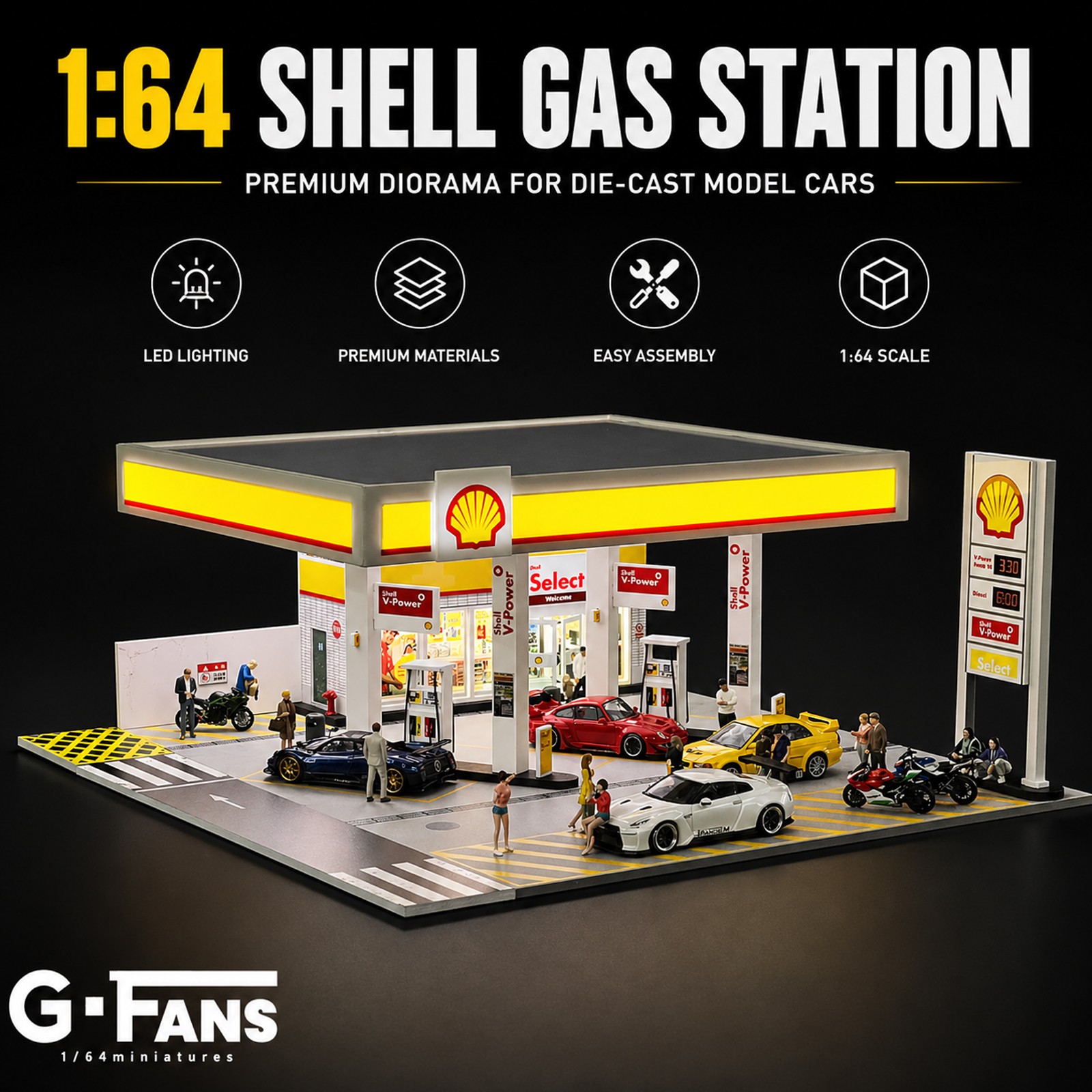 1/64 Diorama Diecast Garage Scene Street Building Parking Lot Model LED Light US