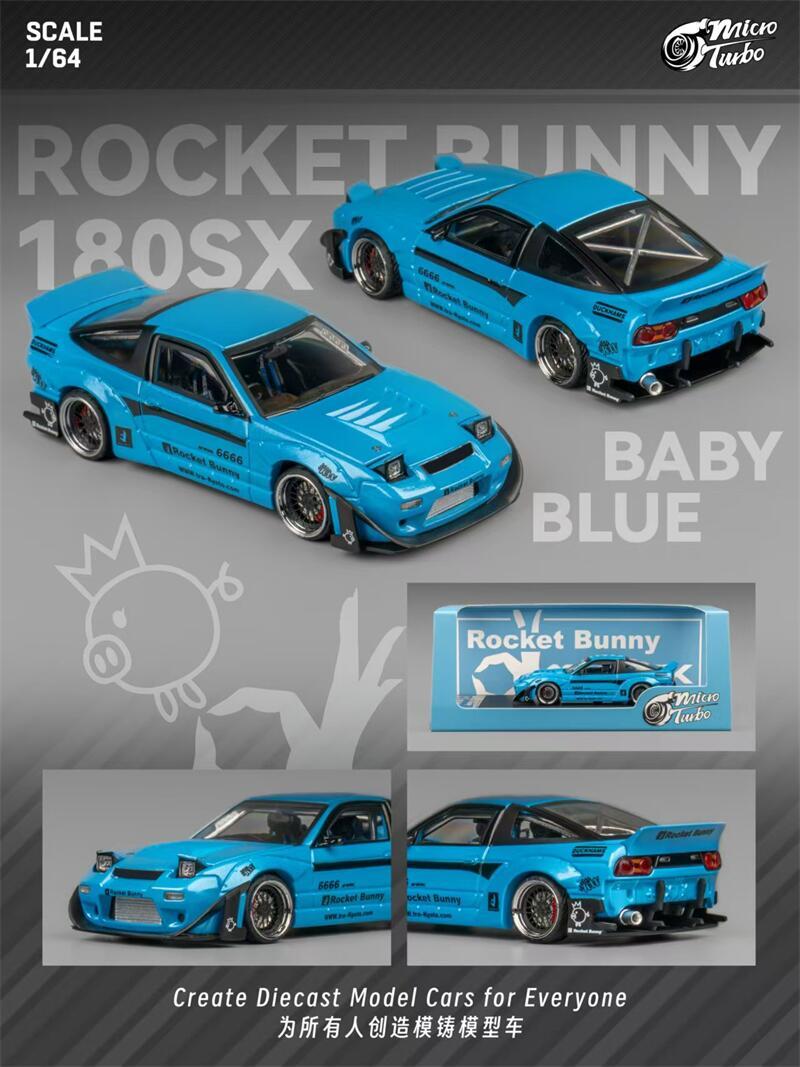 Micro Turbo 1:64 S13 Silvia 180SX Pandem Rocket Bunny babyblue Diecast Model Car