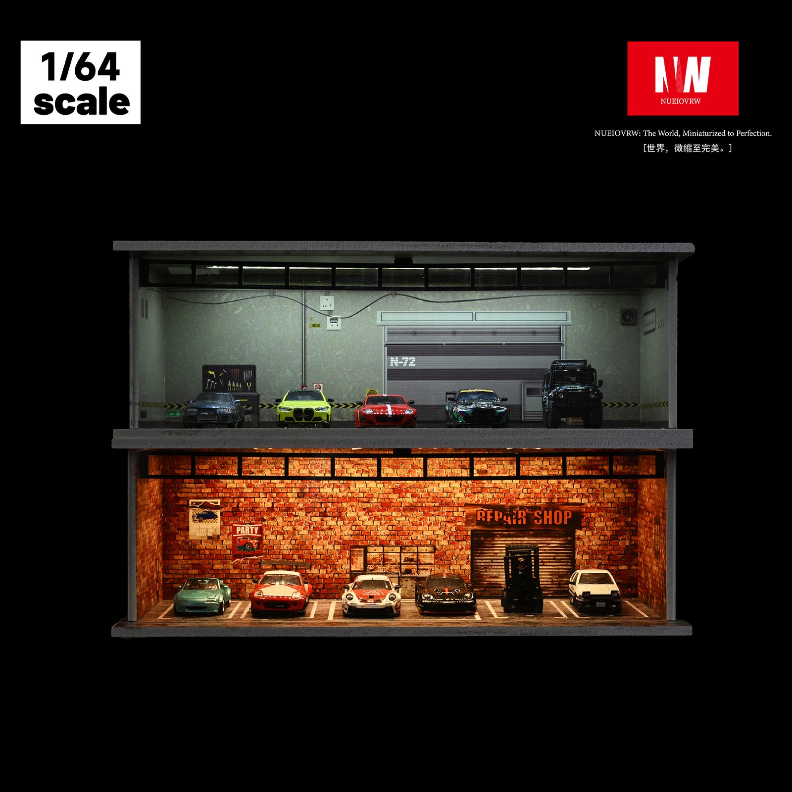 1/64 Diorama Car Garage Model LED Lighting Car Showroom Scene Display Model Gift