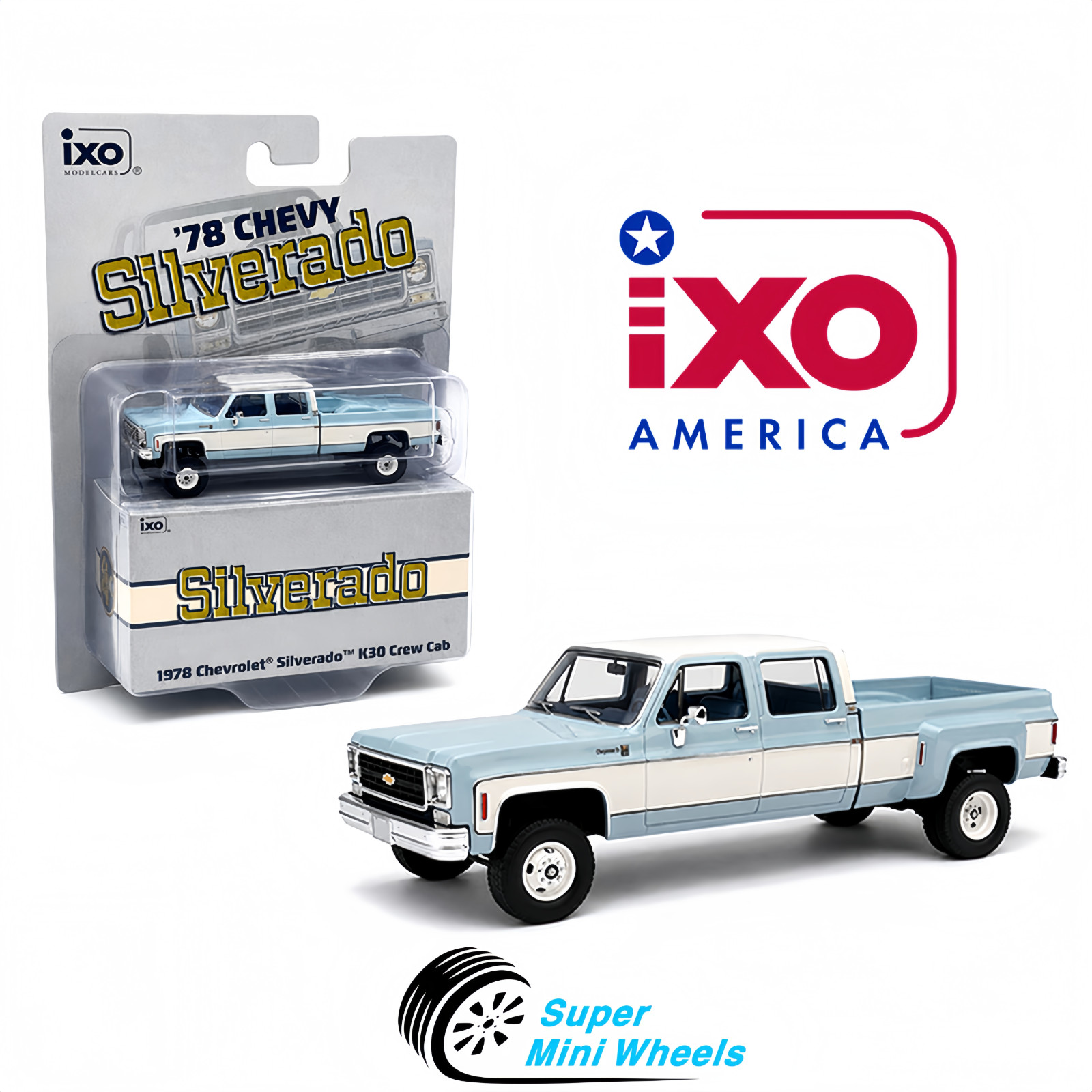 IXO Model 1:64 1978 Chevrolet Silverado K30 Crew Cab Fleetside Lifted Blue