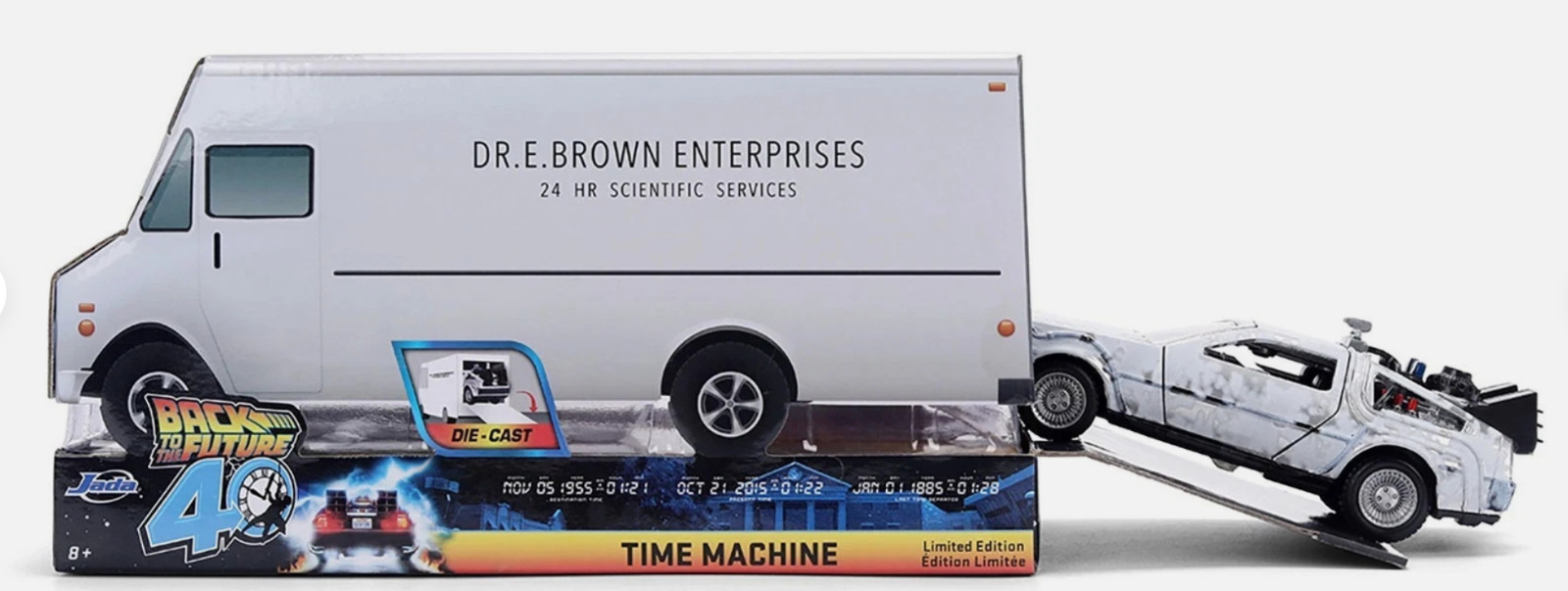 Jada Back to the Future 40th Frost DeLorean 1:32 Doc Brown Van Box
