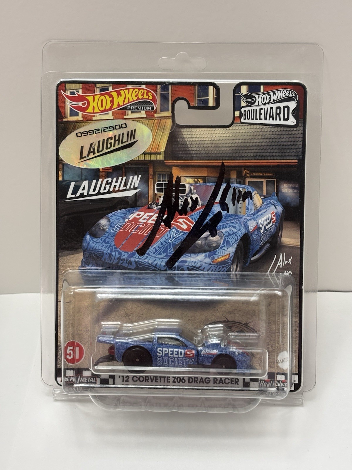 Hot Wheels Boulevard #51 Signed Laughlin ’12 Corvette Z06 Drag Racer (Blue) CASE