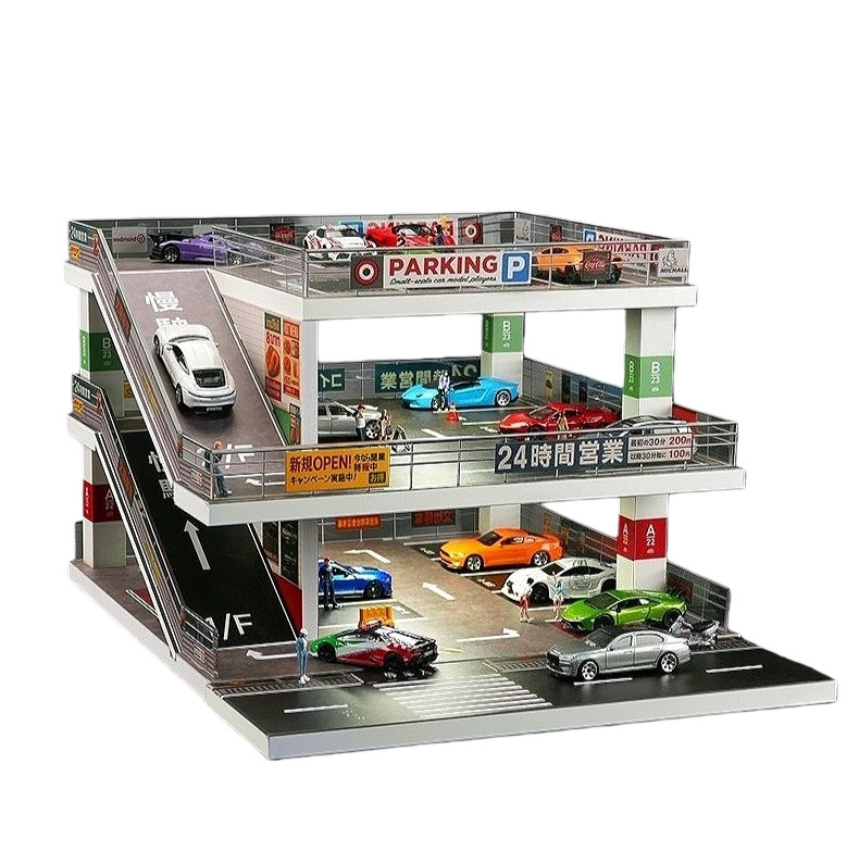 1/64 Diorama Diecast Car Garage Model LED 3-Layer Parking Lots Building Scene US