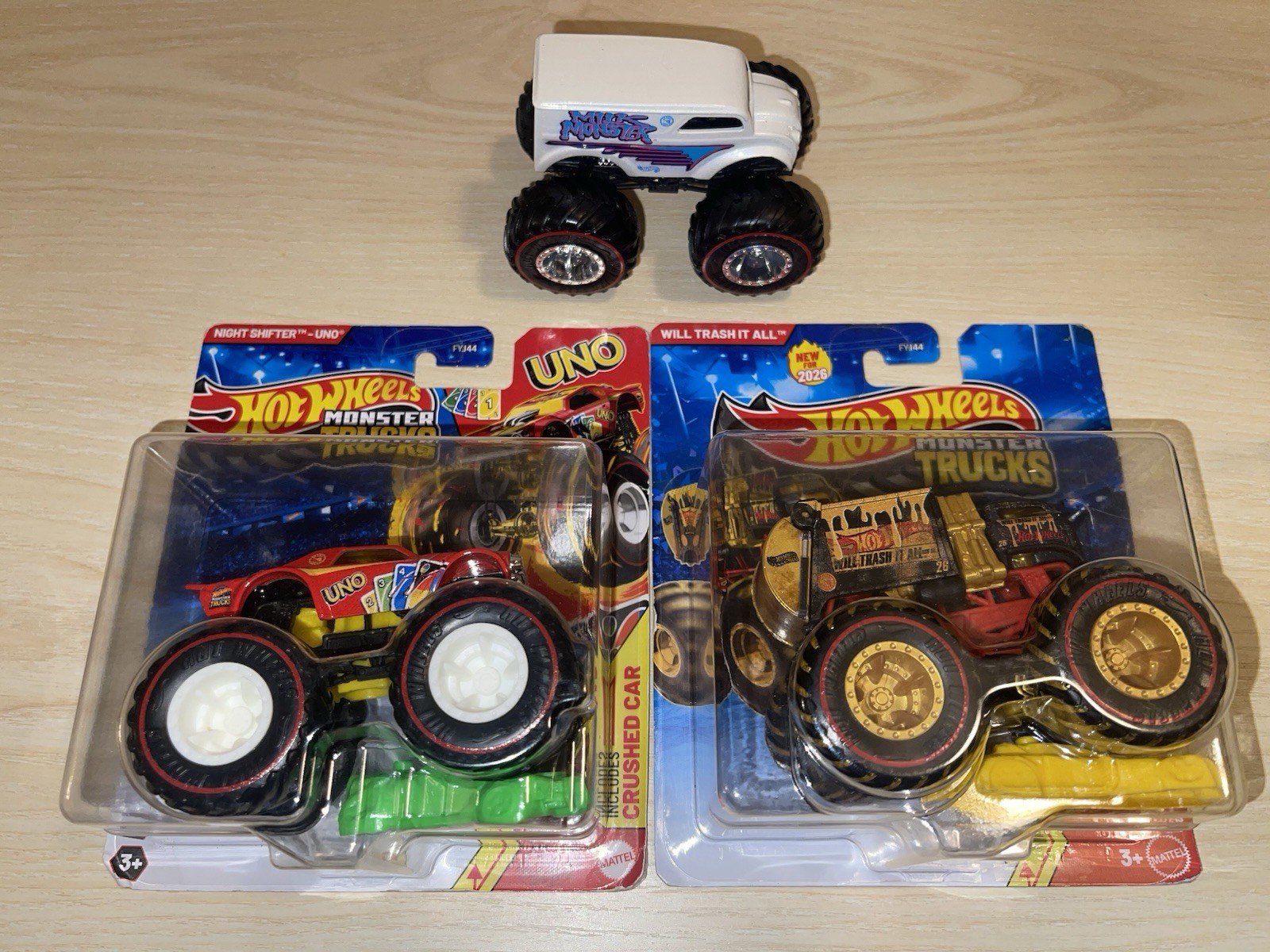 HOT WHEELS MONSTER TRUCK CHASE REDLINE LOT NIGHT SHIFTER MILK MONSTER WILL TRASH