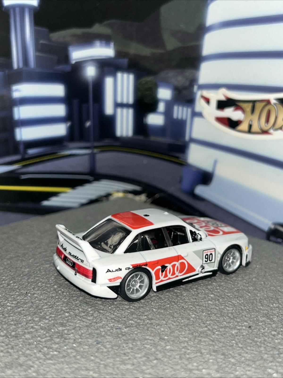 Hot Wheels Silver series Audi 90 Quattro white modified into negative camber