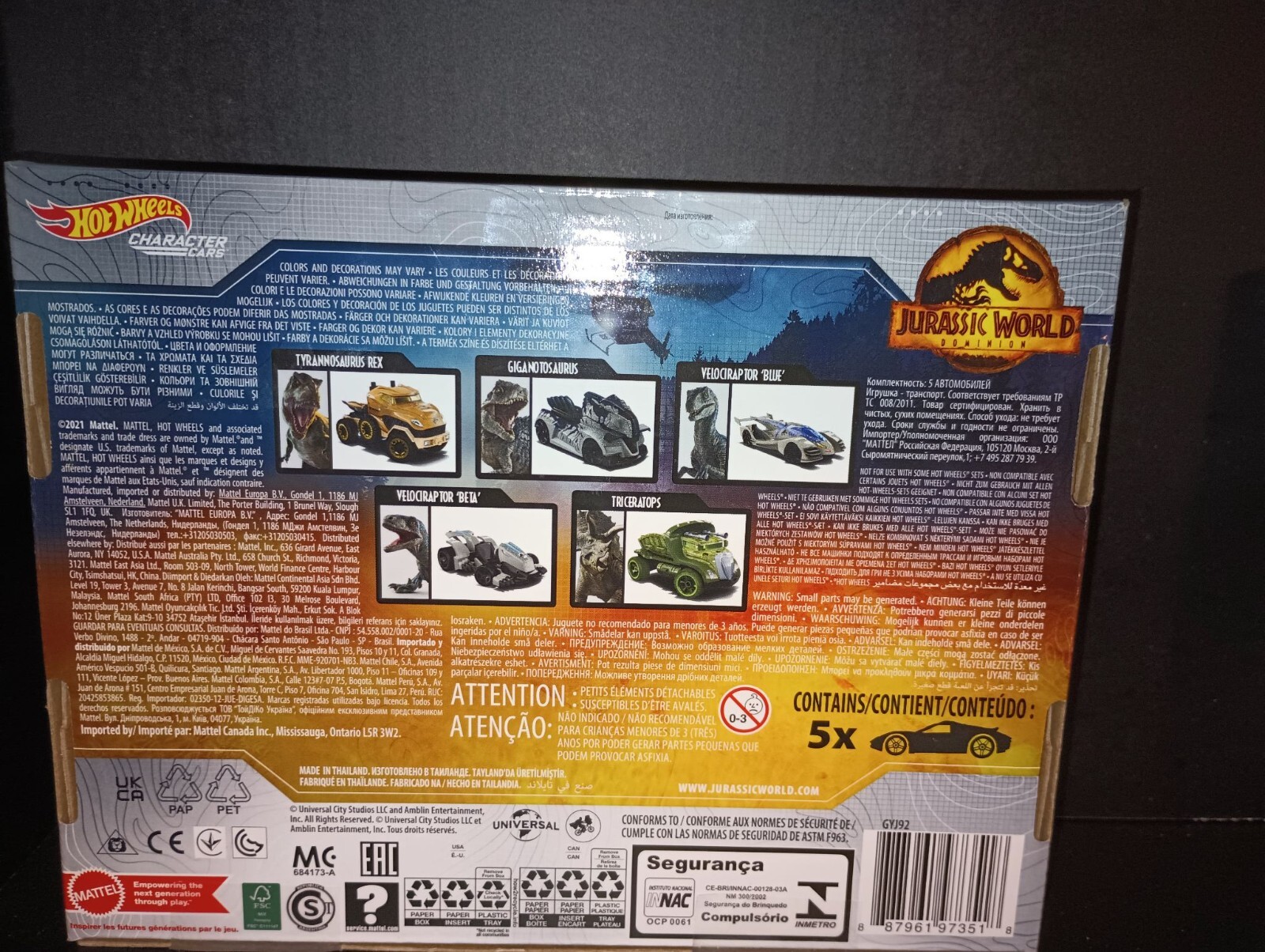 Hot Wheels JURASSIC WORLD DOMINION 5 Pack Character Cars