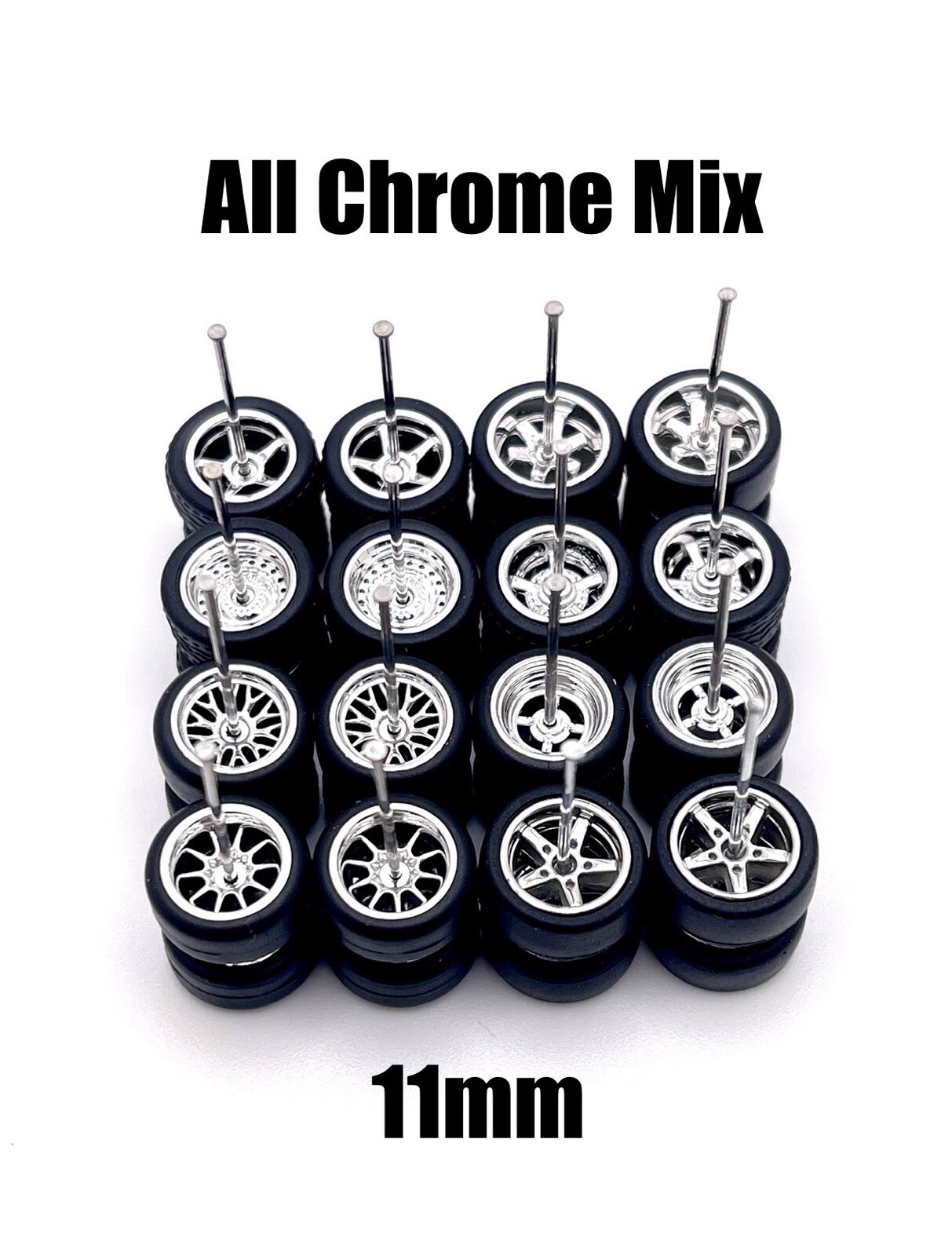 10 Sets Variety All Chrome 11mm Real Rider Wheels w/ Rubber Tire Set For 1/64