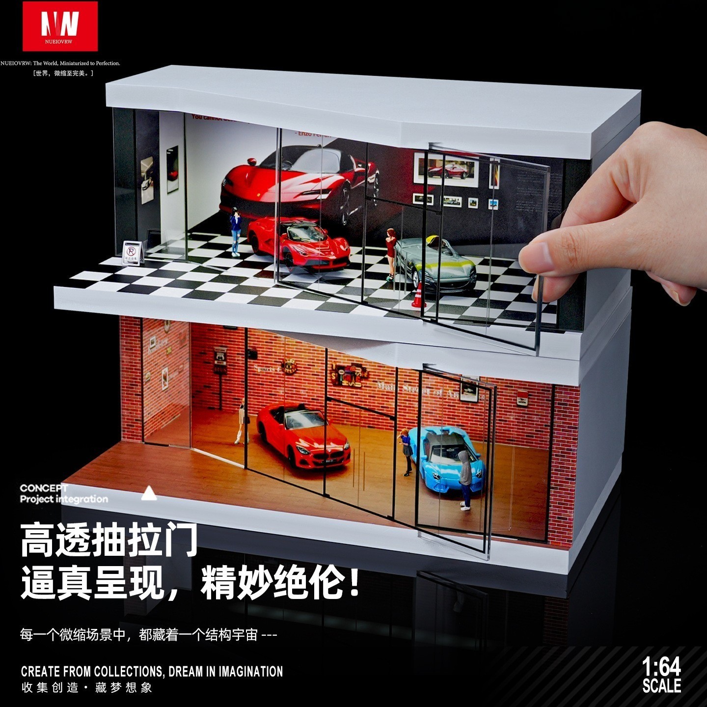 1/64 Diecast Parking Lot Garage Model LED Street Building Scene Display Case