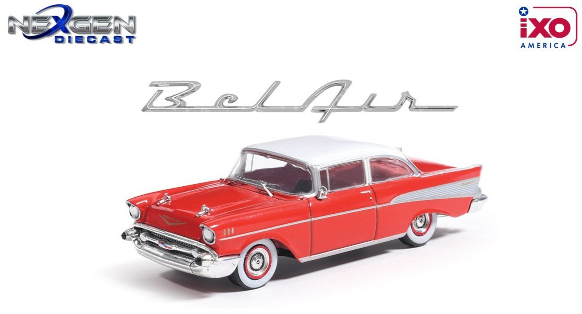 IXO AMERICA 1:64 1957 CHEVROLET BEL AIR SEDAN – MATADOR RED & IVORY – AI64008