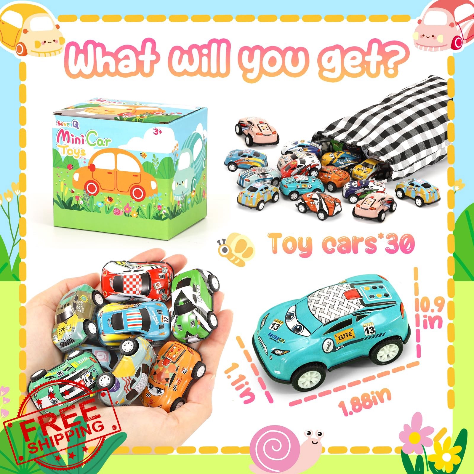 SevenQ 30Pcs Pull Back Toy Cars Kids Ages 4-8