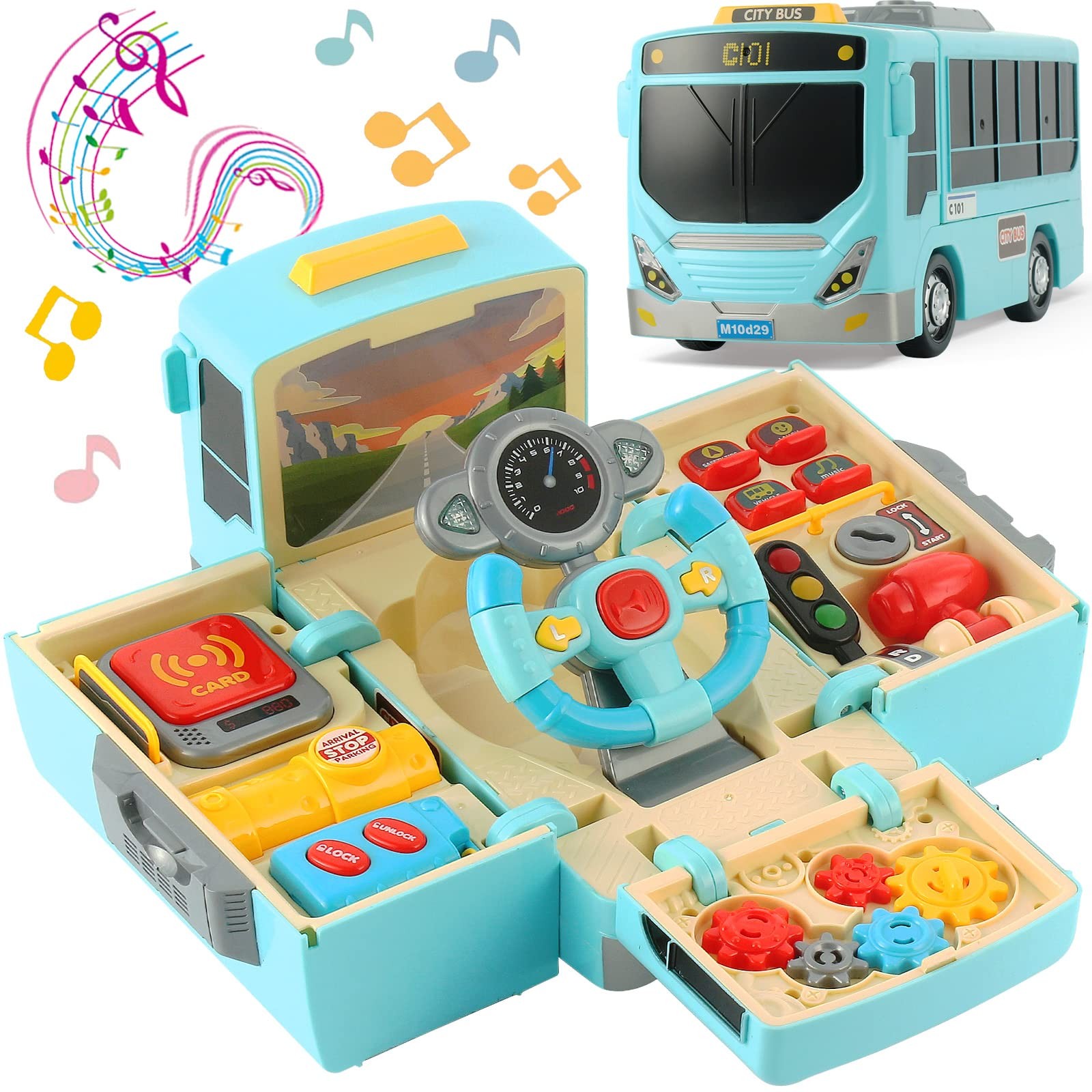 Bus Toy with Sound and Light, Simulation Steering Wheel Gear Toy, Toddlers Bu…