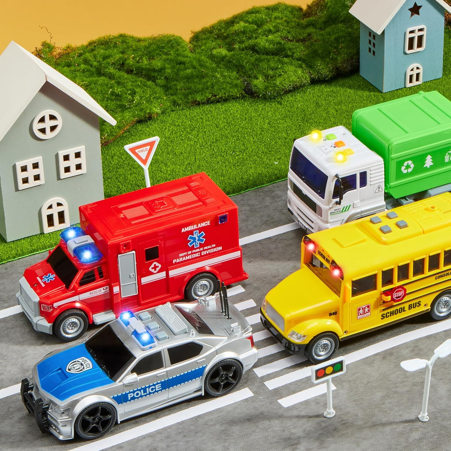 4 Pcs 7″ Vehicle Toy Set Lights Siren Police Car Bus Garbage Truck Ages 3-5 Boys