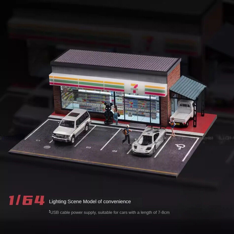1/64 Diorama Diecast Car Garage Model LED City Street Convenience Scene Models