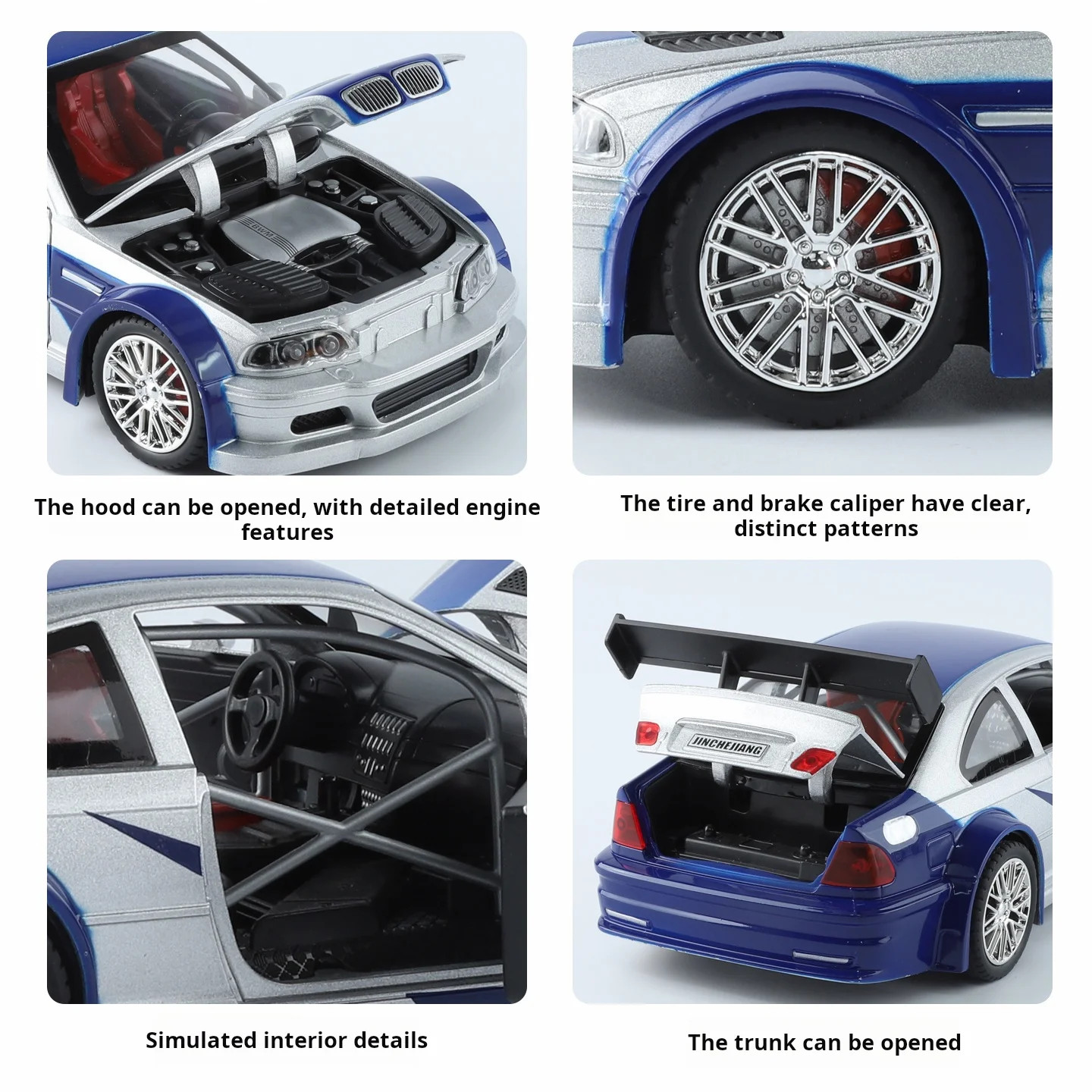 1:24 BMW M3 GTR E46 Alloy Muscle Diecast Car Model Sound Light Birthday Gift Toy