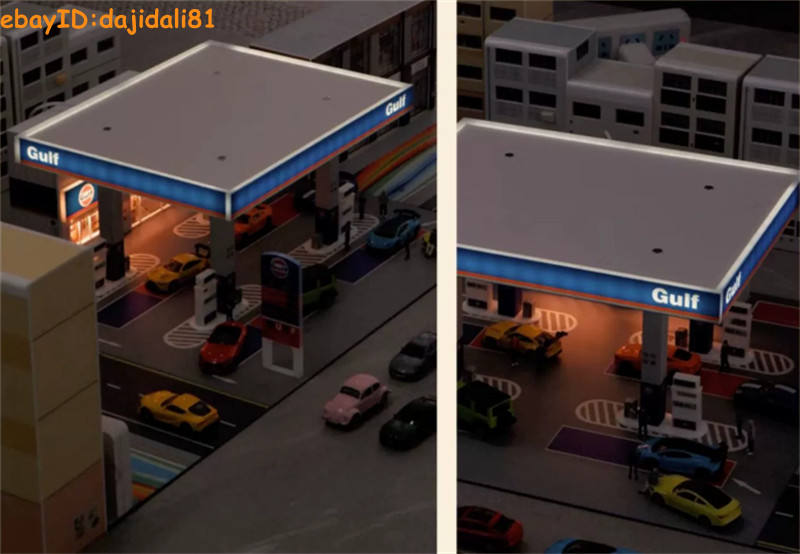 Diorama City Gas Station Model Car Garage LED Lighting 1/64 Scene Display Model