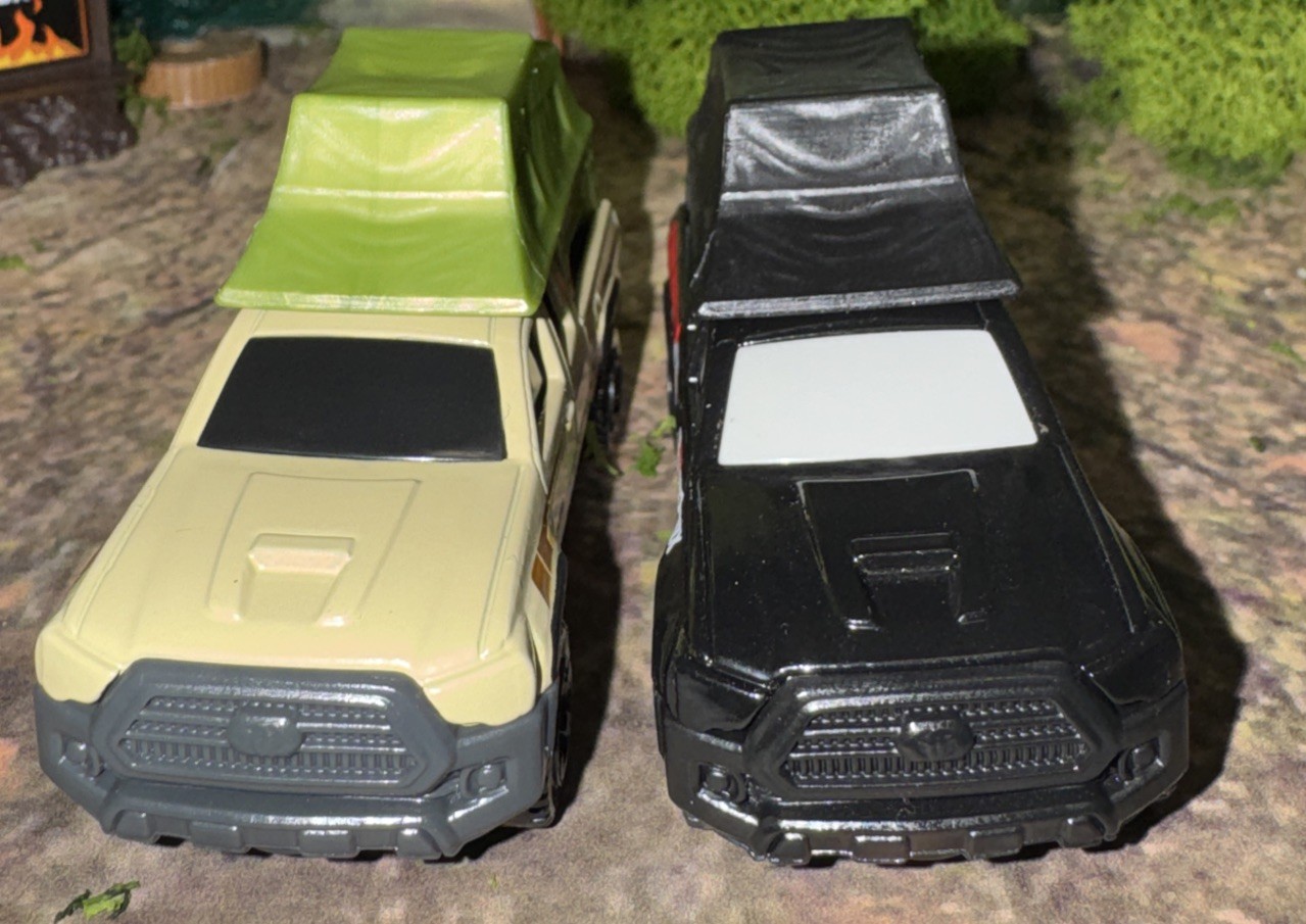 Lot Of 2 Toyota Tacoma Matchbox w/ Removable Camp Tent Black & Tan NLFFP 1:64 DC