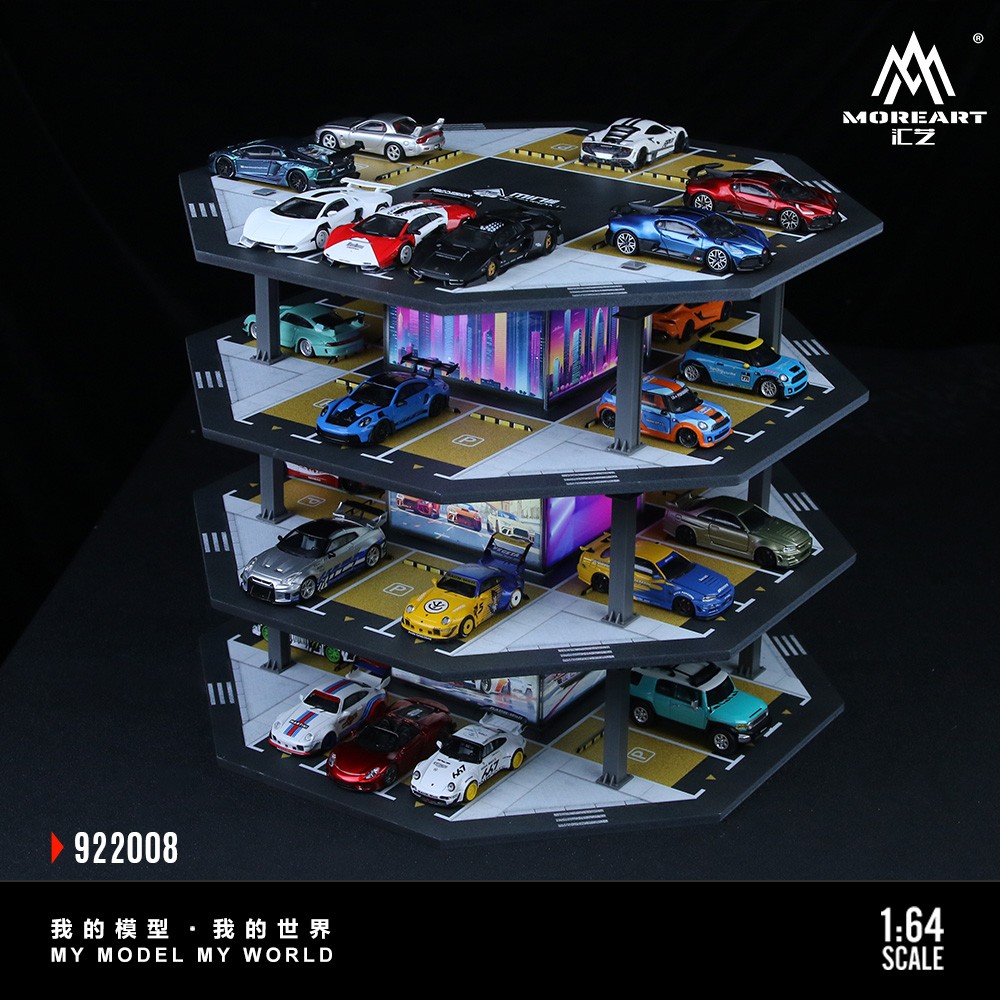 1/64 Diorama Diecast Car Garage Model LED Parking Lot Street Building Scene Gift