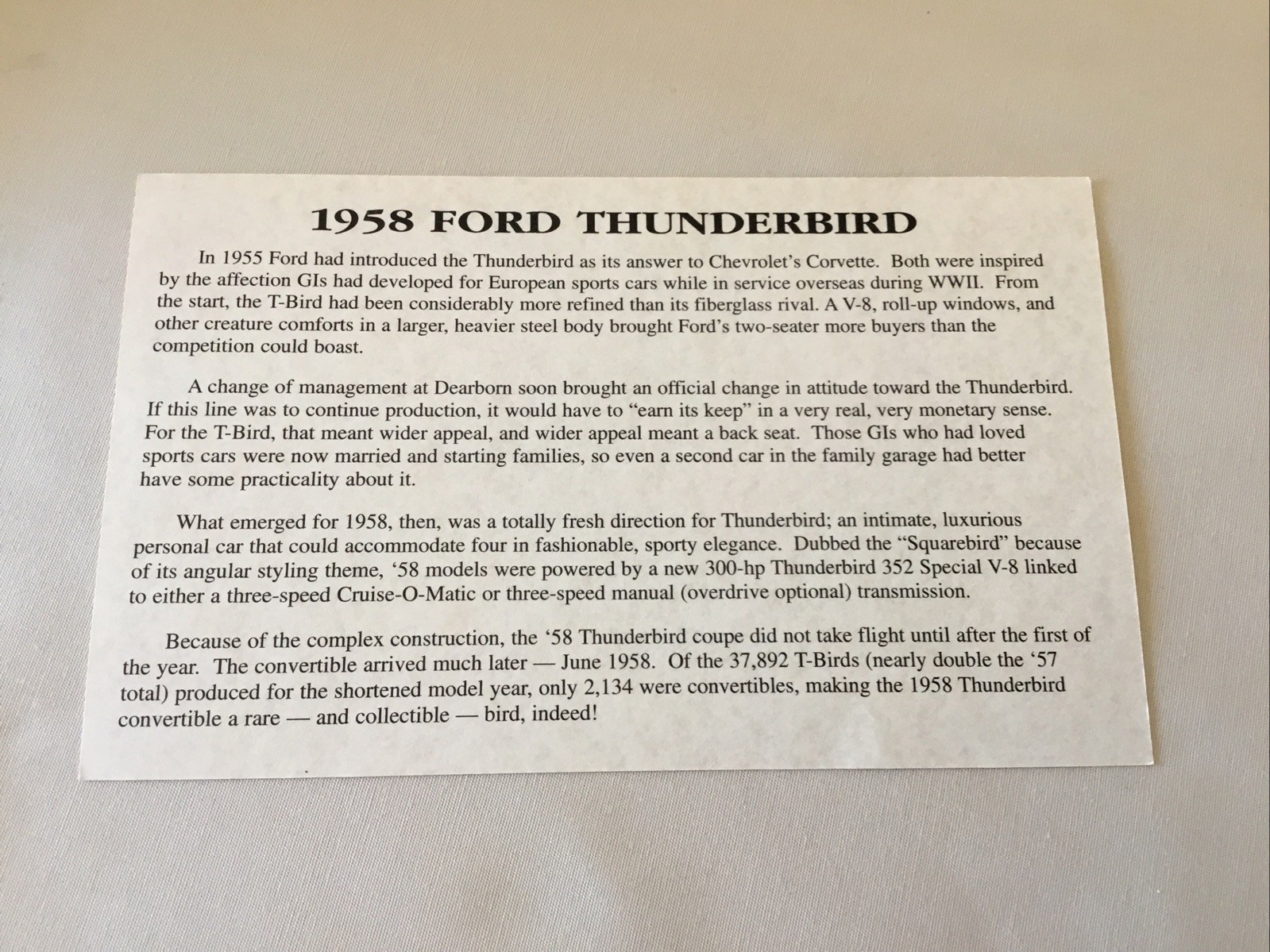 Danbury Mint 1958 Ford Thunderbird Convertible Title Paperwork Only 1:24