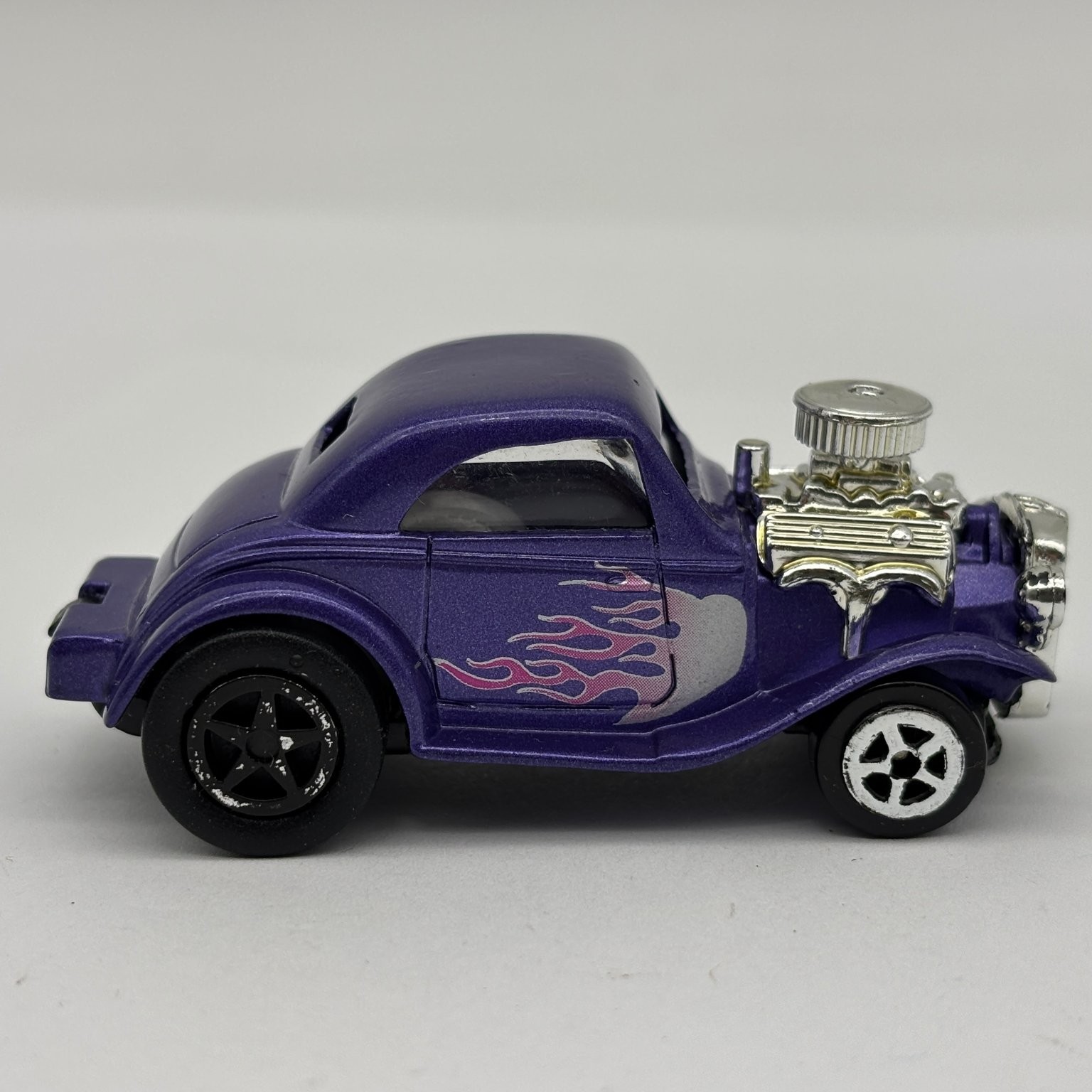 1930s Ford Coupe Hot Rod Diecast Car Purple Flames Exposed Engine Custom