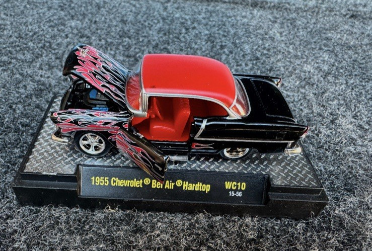 M2 1955 Chevrolet Bel Air Hardtop, Black/Red, No Box, 1:64 Scale