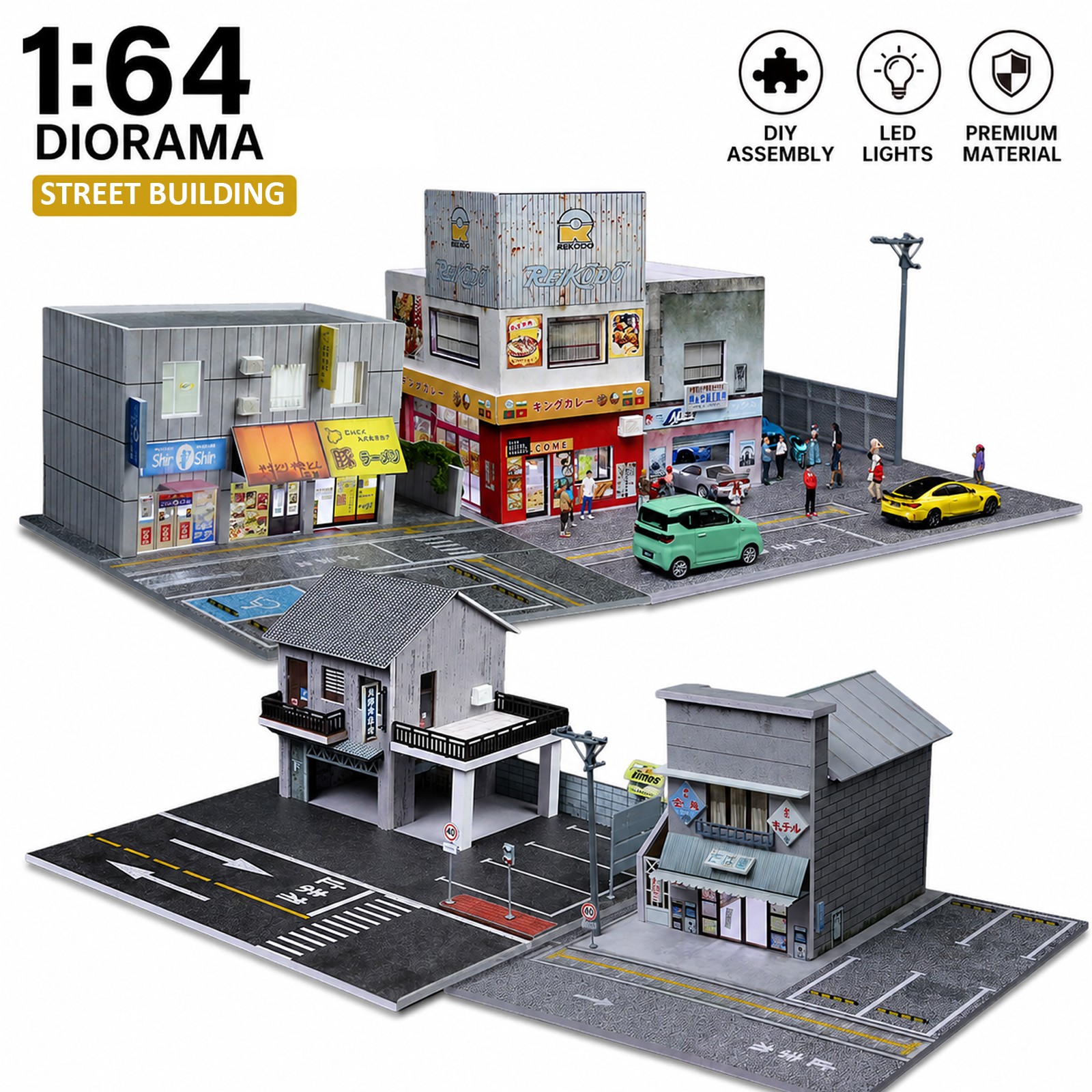 US Diorama 1:64 Diecast Garage Model LED Japanese Building Scene Parking Lot