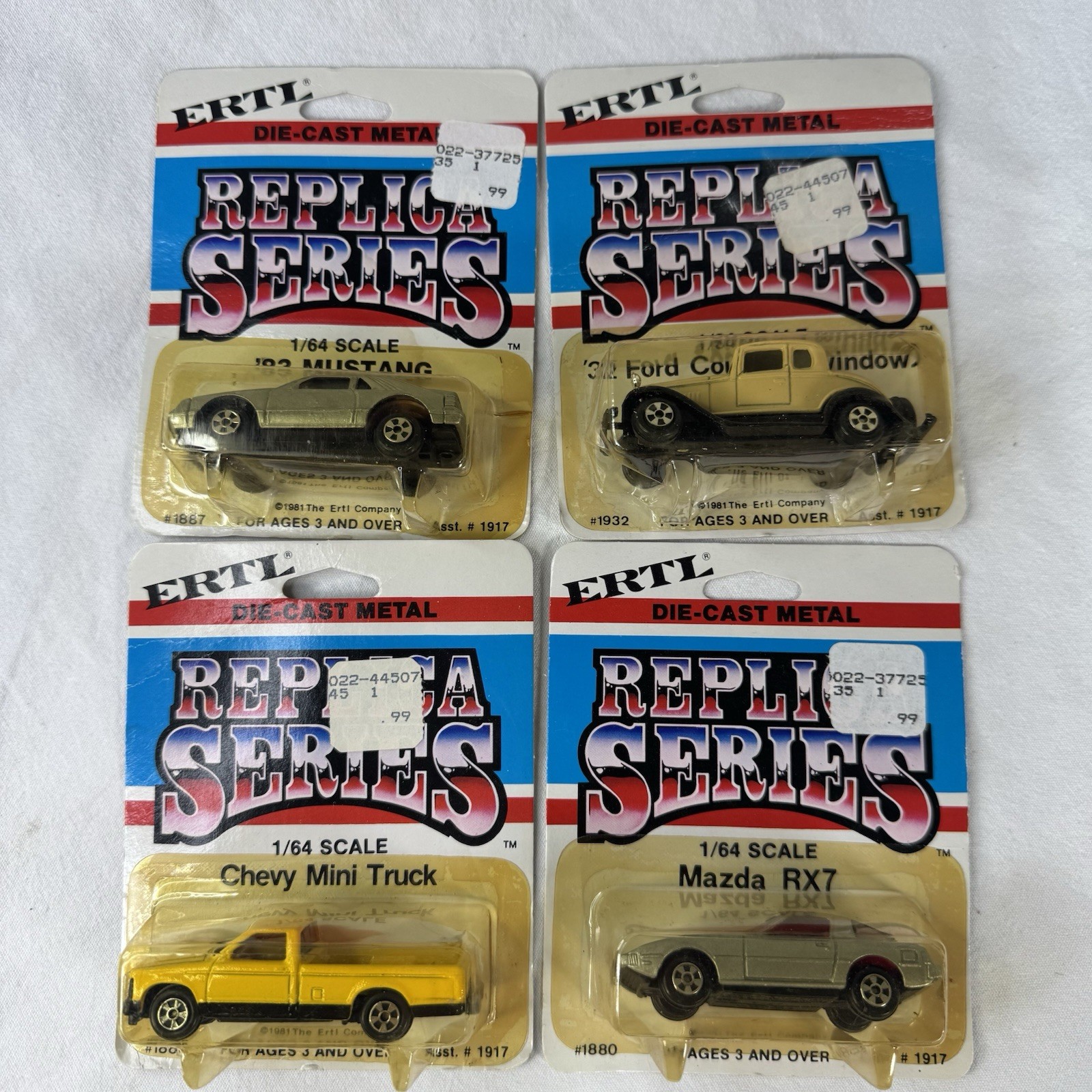 4 VTG 80’s NOS ERTL Replica Series Die Cast Metal 1/64 Mustang Chevy Ford Mazda