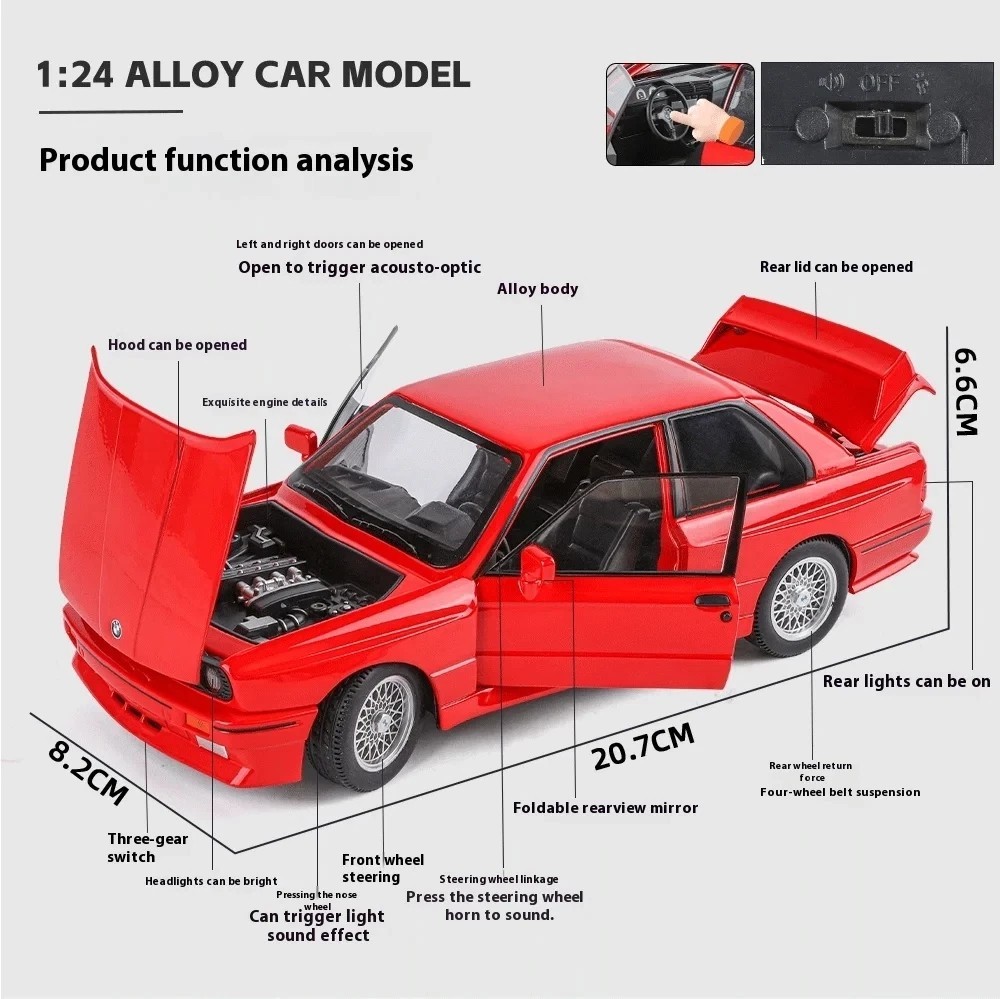 1:24 BMW M3 E30 Diecast Car Alloy Model – Sound & Light Classic Vehicle Toy Gift