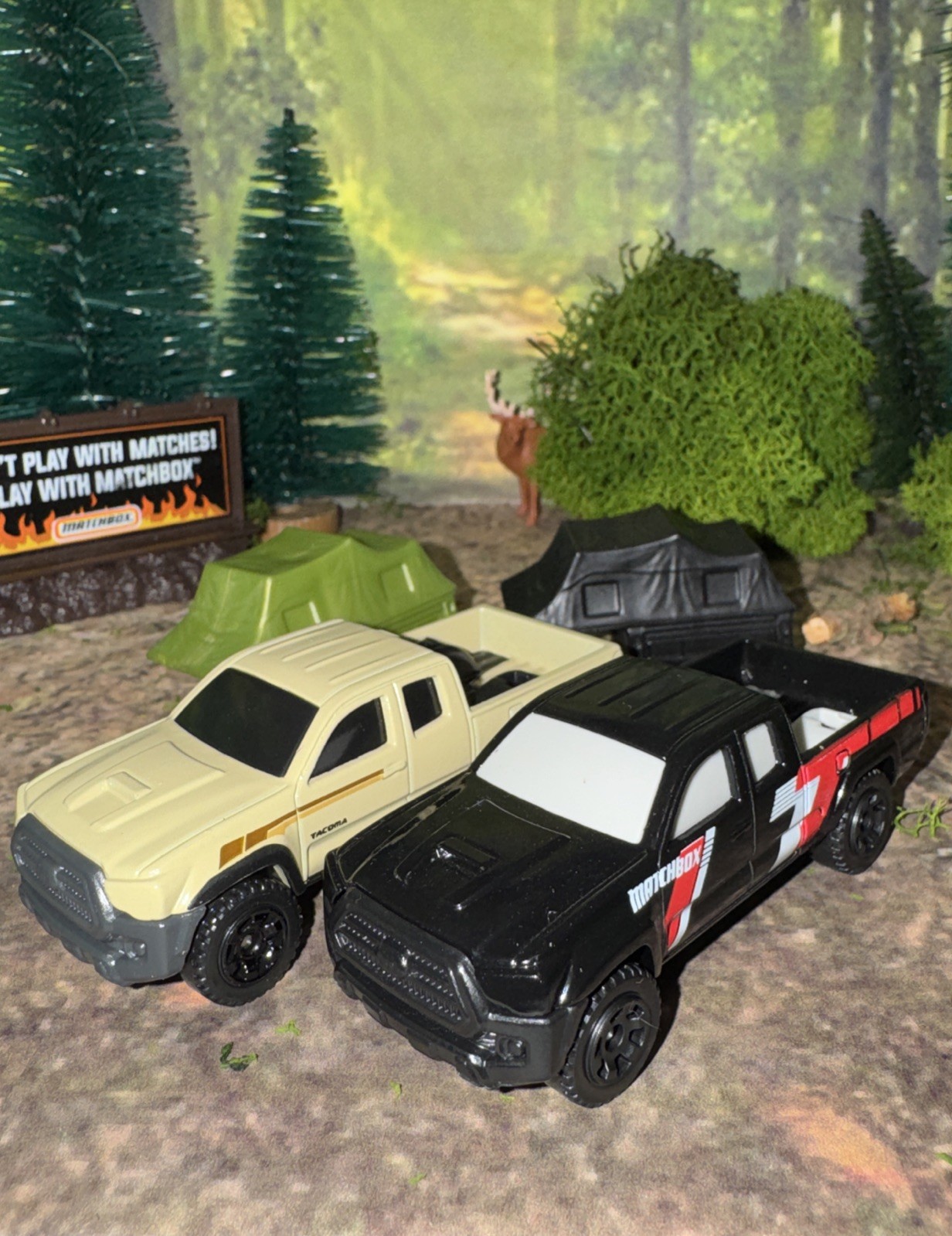 Lot Of 2 Toyota Tacoma Matchbox w/ Removable Camp Tent Black & Tan NLFFP 1:64 DC