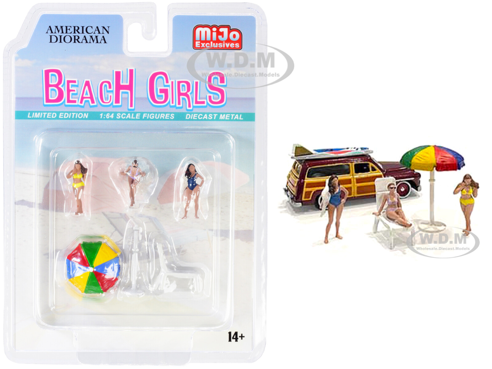 “BEACH GIRLS” 5 PC DIECAST FIGURES & ACCESSORIES SET 1/64 AMERICAN DIORAMA 76481