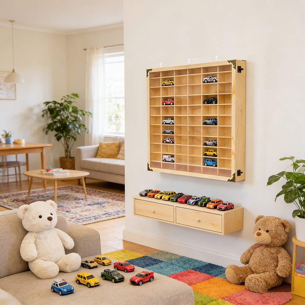 Wooden Display Case for 1/64 Scale Diecast Car Toy 40/60 Grid Storage Shelf