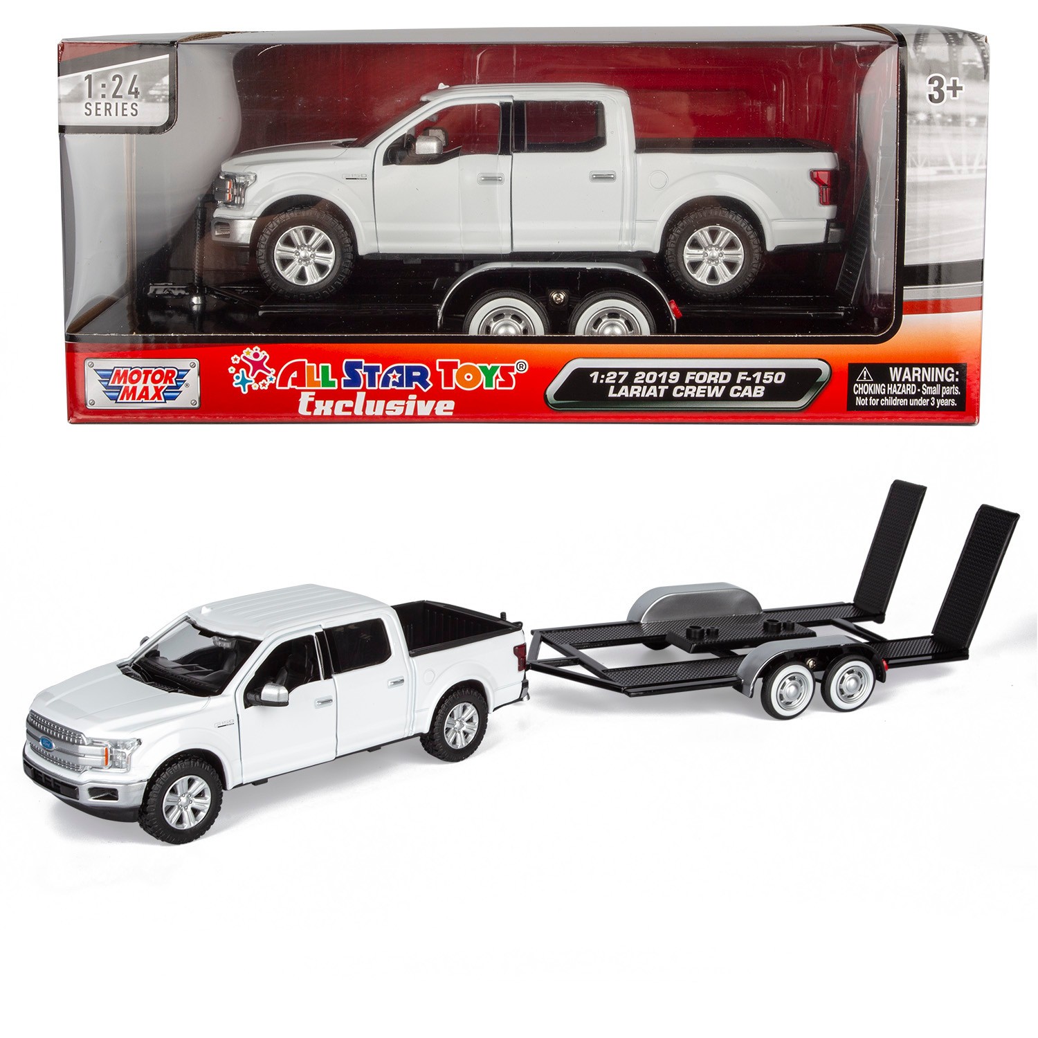 Motormax 1/27 2019 Ford F-150 Lariat Crew Cab Pickup Truck w/ Car Hauler Trailer