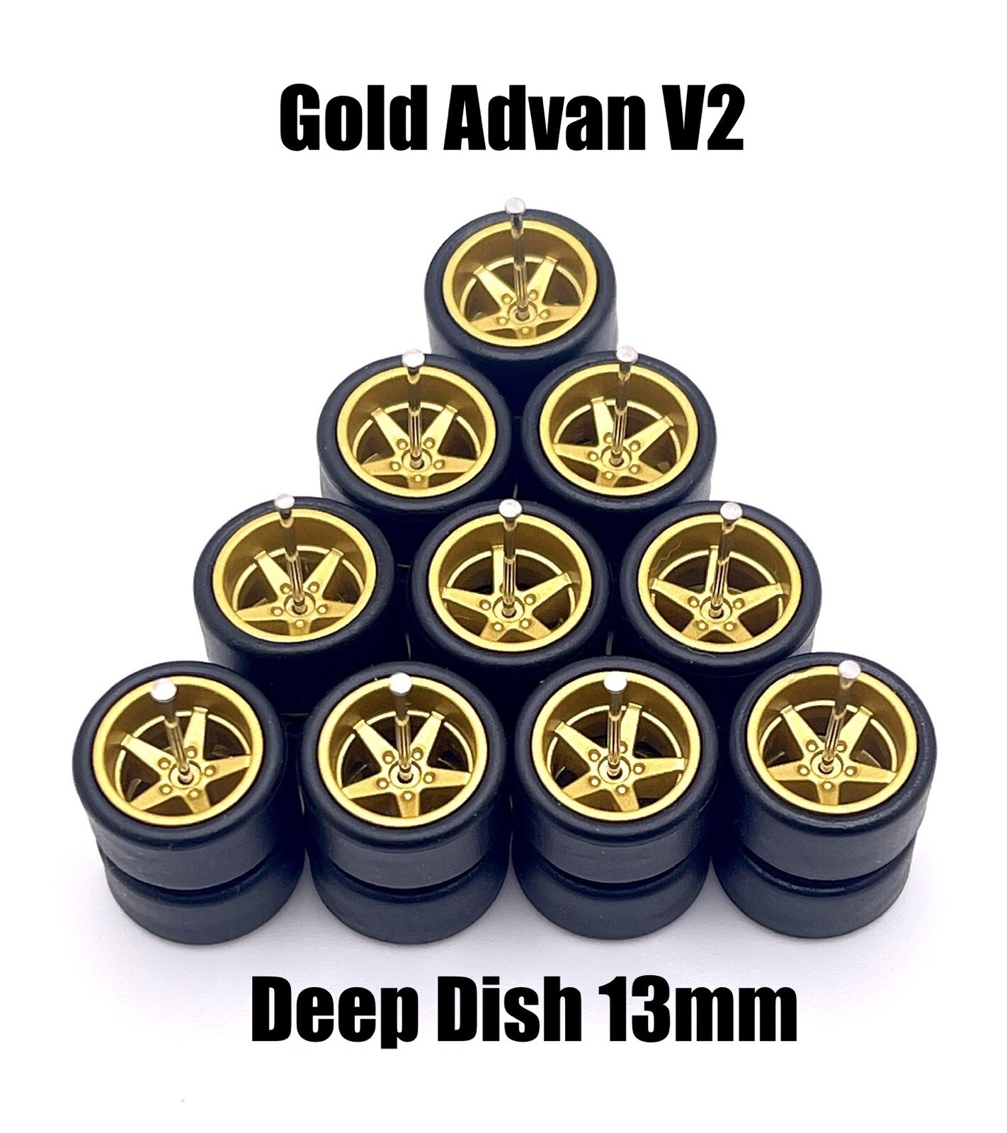 5x Gold Advan V2 13/13mm DEEP DISH Wheels Rubber Tires for 1/64 H0T Wheelz