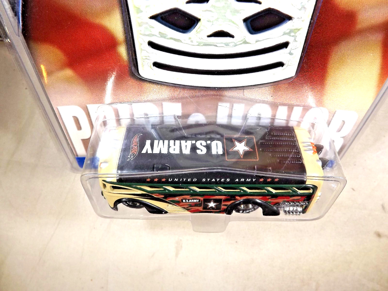 2002 Hot Wheels KB Toys Military Rods-ARMY SURFIN’ SCHOOL BUS Black-Tan w/RR’s