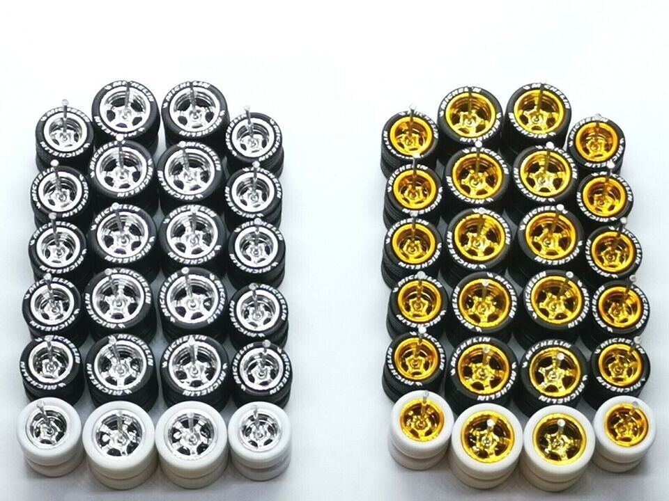 Hot Wheels MICHELIN Rubber Tires 24 sets 5 Spoke 12mm +10 mm (Gold + Chrome)
