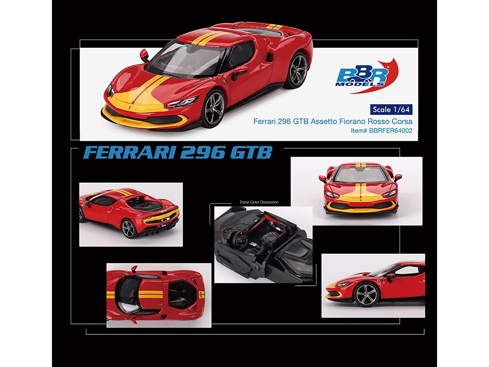 Ferrari 296 GTB Assetto Fiorano Rosso Corsa Red with Yellow Stripes 1/64