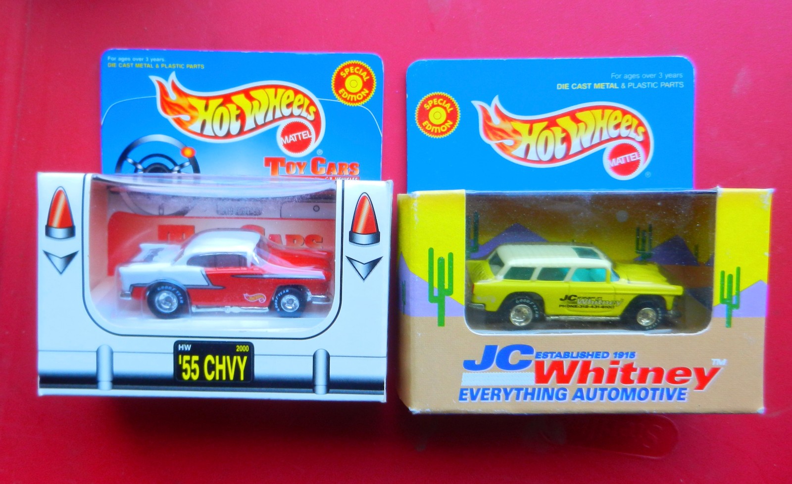 Hot Wheels JC Whitney Yellow ’55 Chevy Nomad & ’55 RED/WHITE BEL-AIR TOY CAR MAG